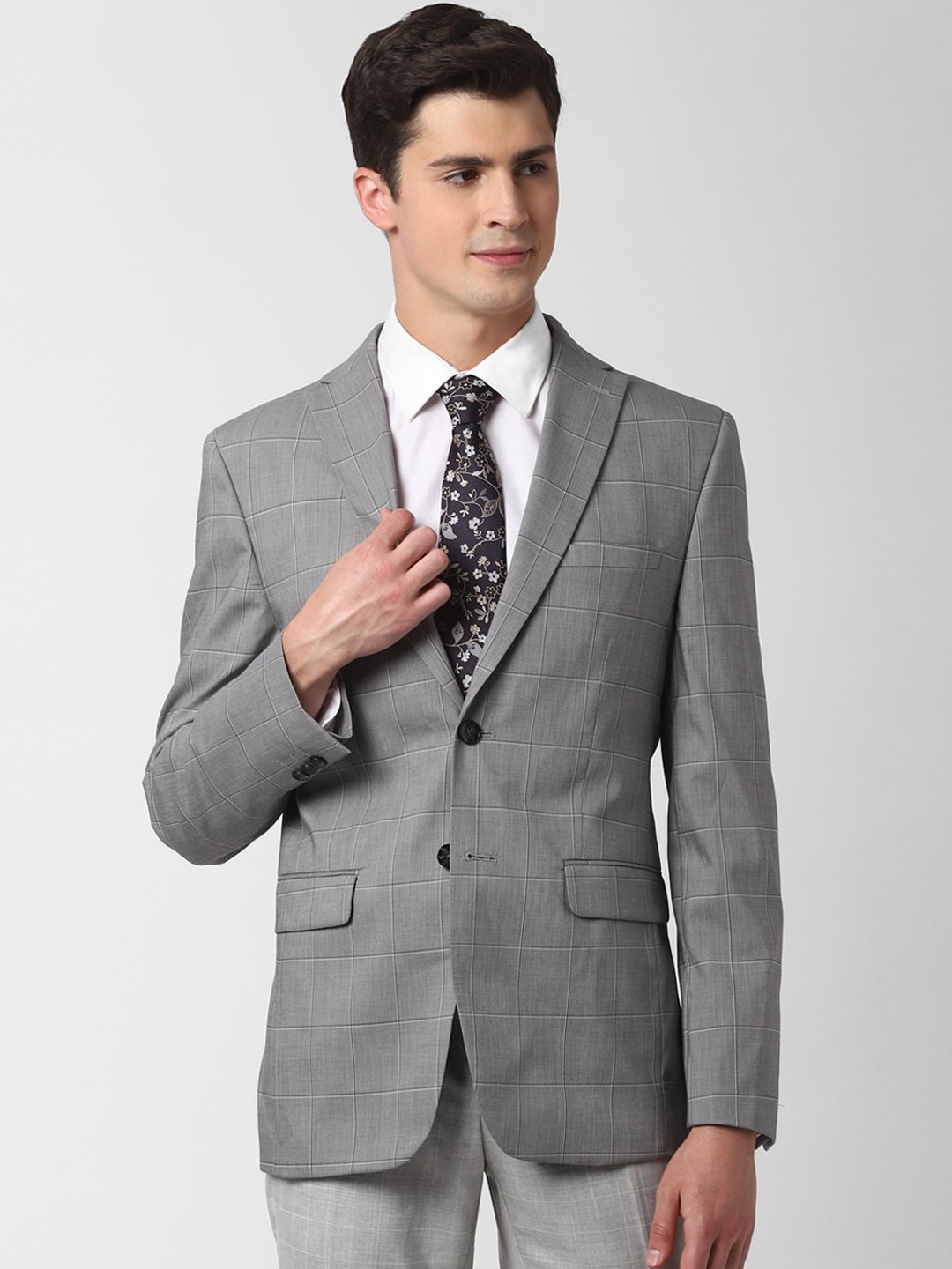 

Peter England Elite Men Grey Checked Slim-Fit Single-Breasted Formal Blazer