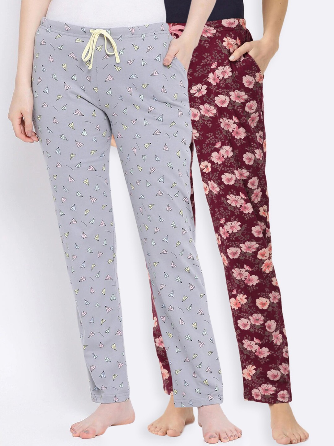 

Kanvin Women Pack of 2 Printed Pure Cotton Lounge Pants, Maroon