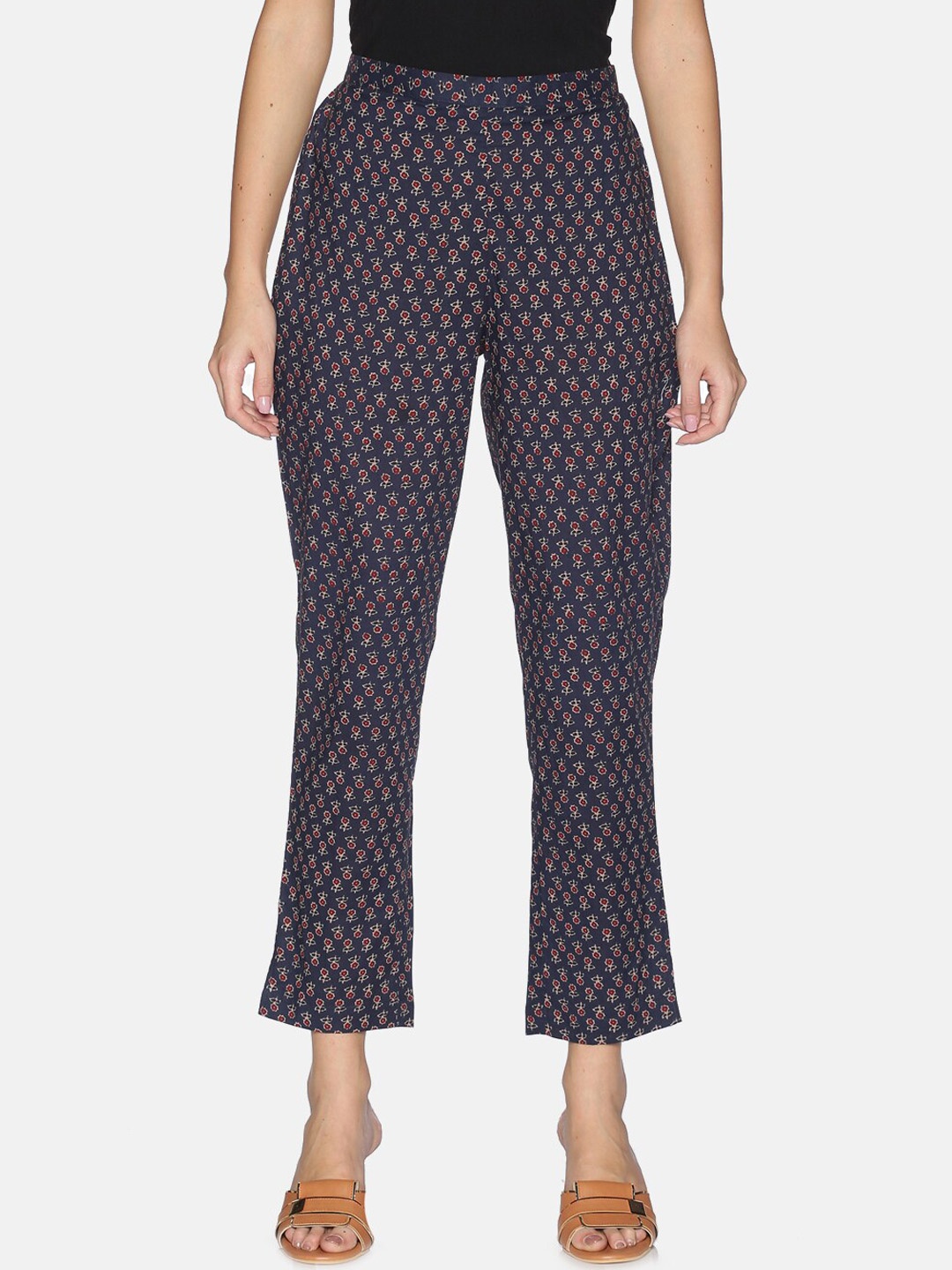

Saffron Threads Women Navy Blue & Maroon Relaxed Printed Cotton Regular Trousers