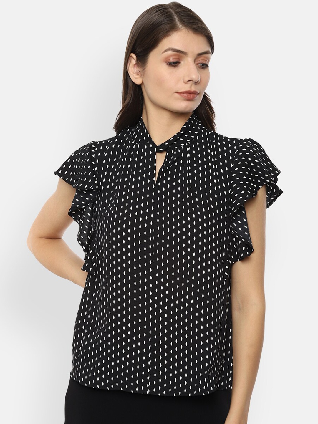 

Van Heusen Woman Black & White Geometric Printed Flutter Sleeves Regular Top