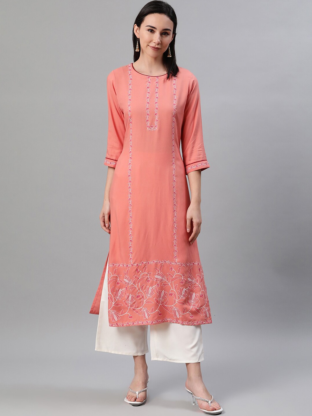 

ZIYAA Women Peach-Coloured & White Ethnic Motifs Foil Print Kurta