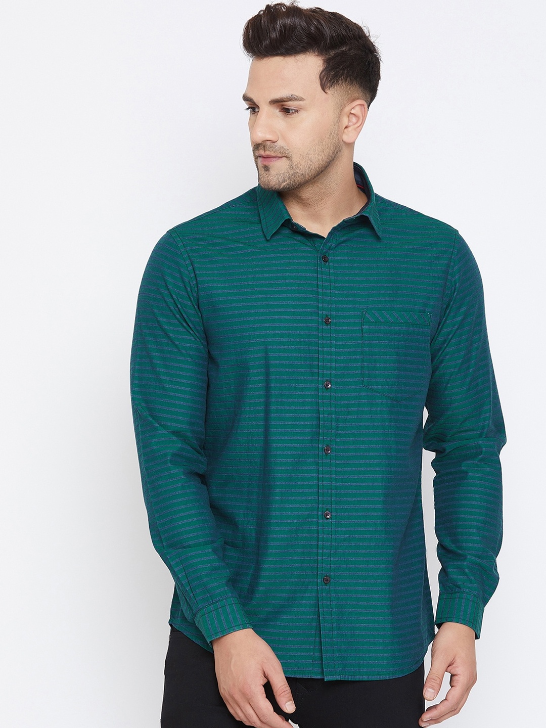 

Canary London Men Green & Navy Blue Slim Fit Striped Casual Shirt