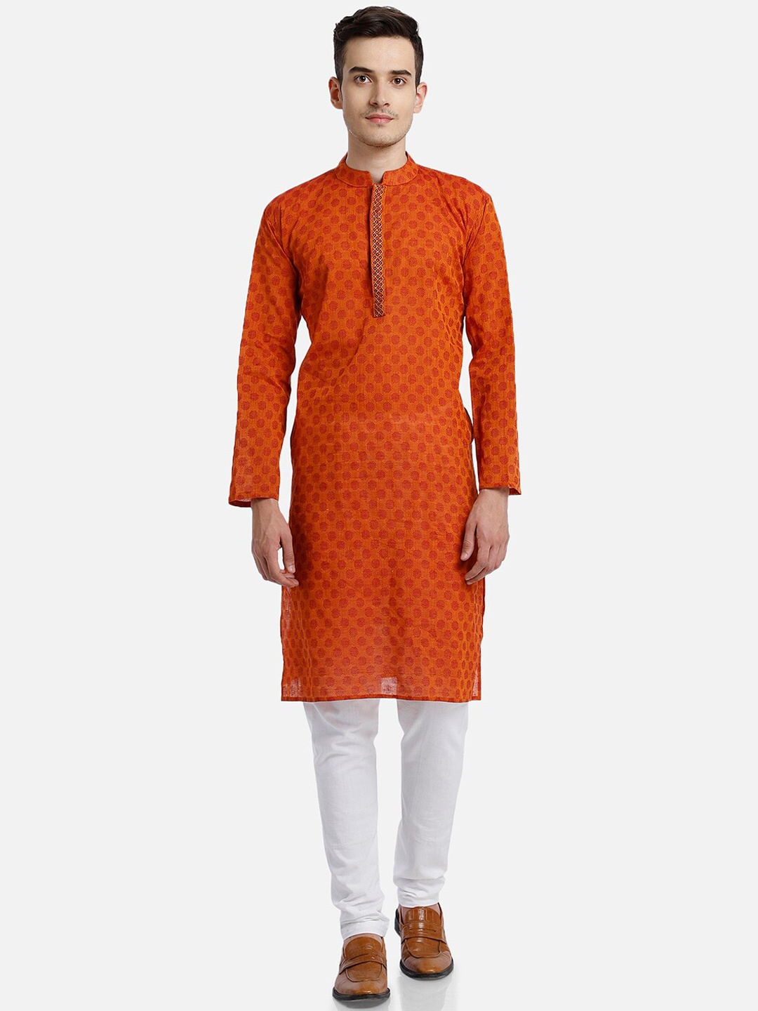 

PAROKSH Men Rust Orange Woven Design Cotton Thread Work Handloom Kurta