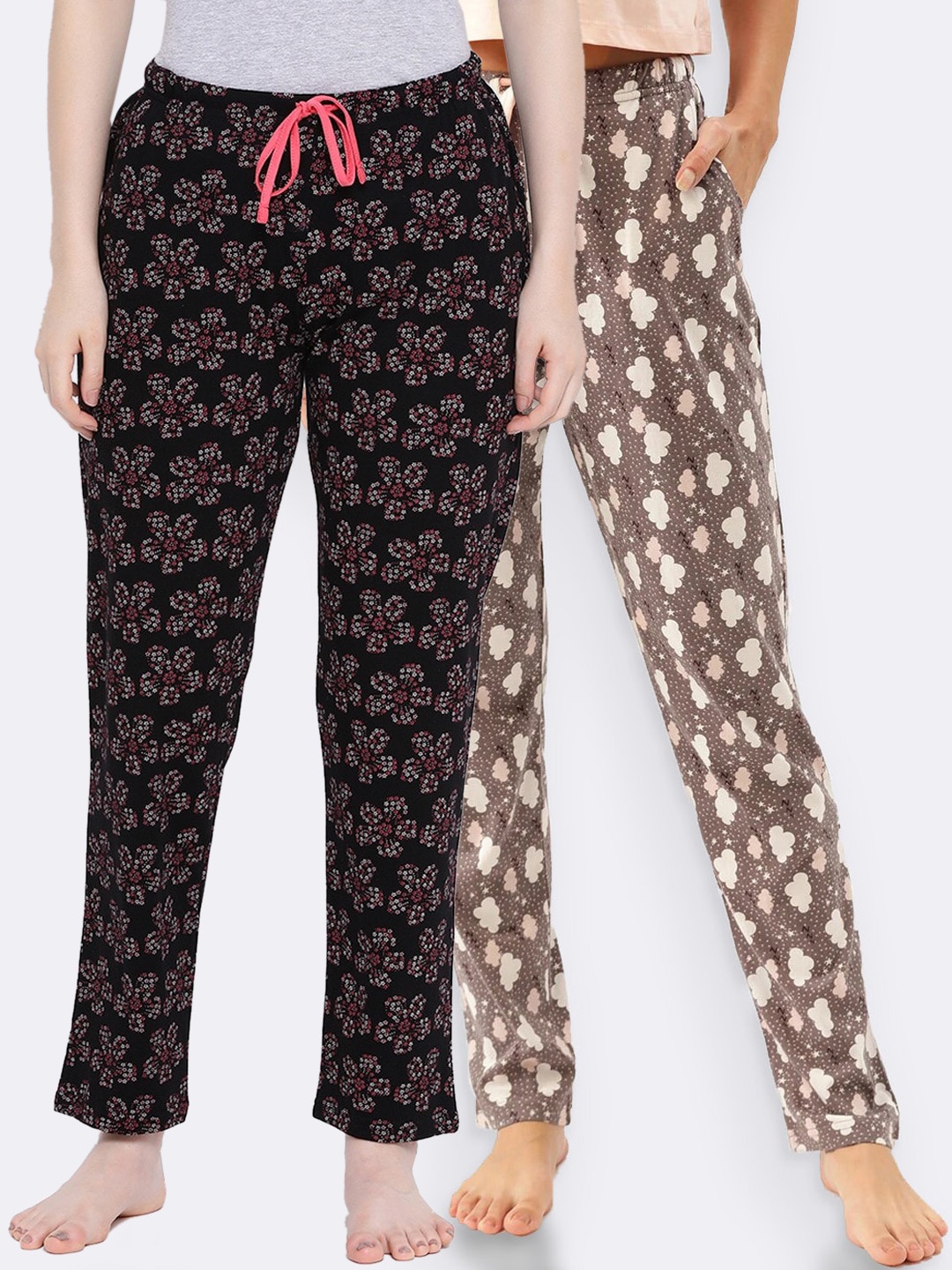 

Kanvin Women Pack of 2 Printed Pure Cotton Lounge Pants, Brown