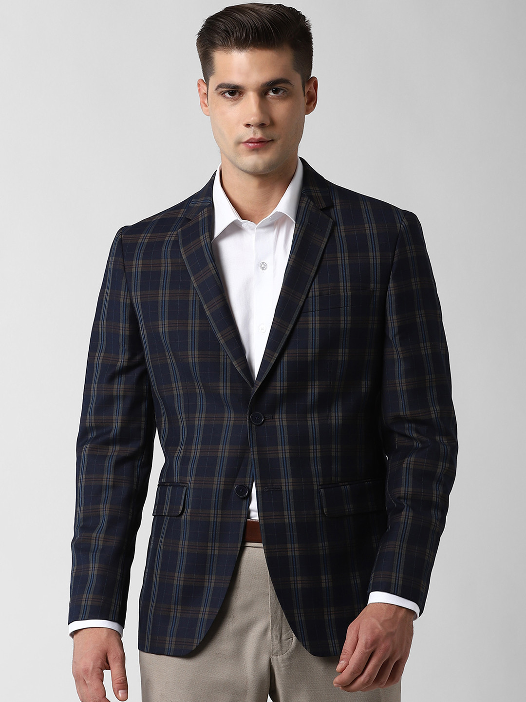 

Peter England Elite Men Navy Blue & Brown Checked Slim-Fit Single-Breasted Formal Blazer