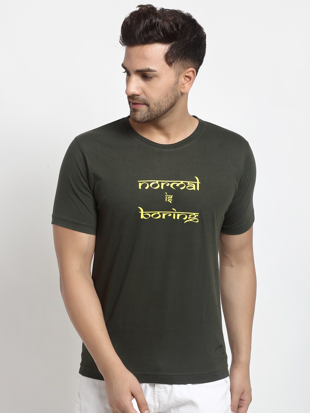 

YOLOCLAN Men Olive Green Printed Round Neck T-shirt