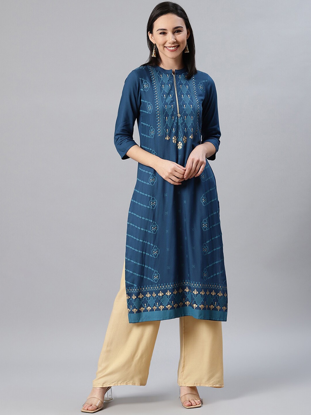 

ZIYAA Women Teal Blue & Golden Ethnic Motifs Foil Print Kurta