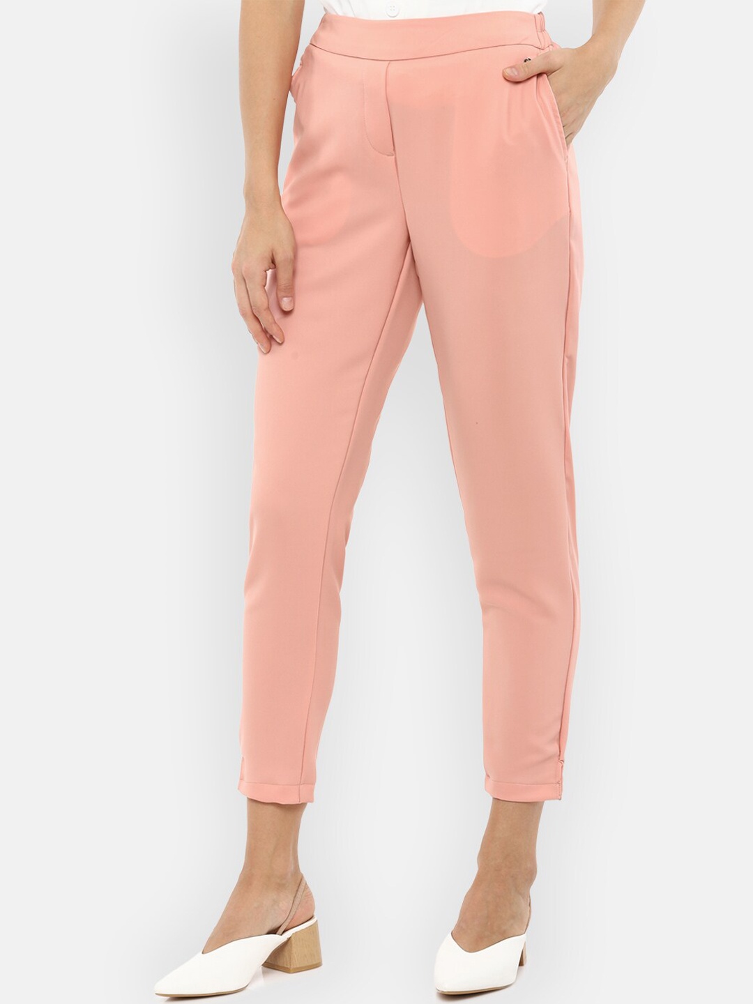 

Van Heusen Women Peach-Coloured Solid Slim Fit Crop Trousers