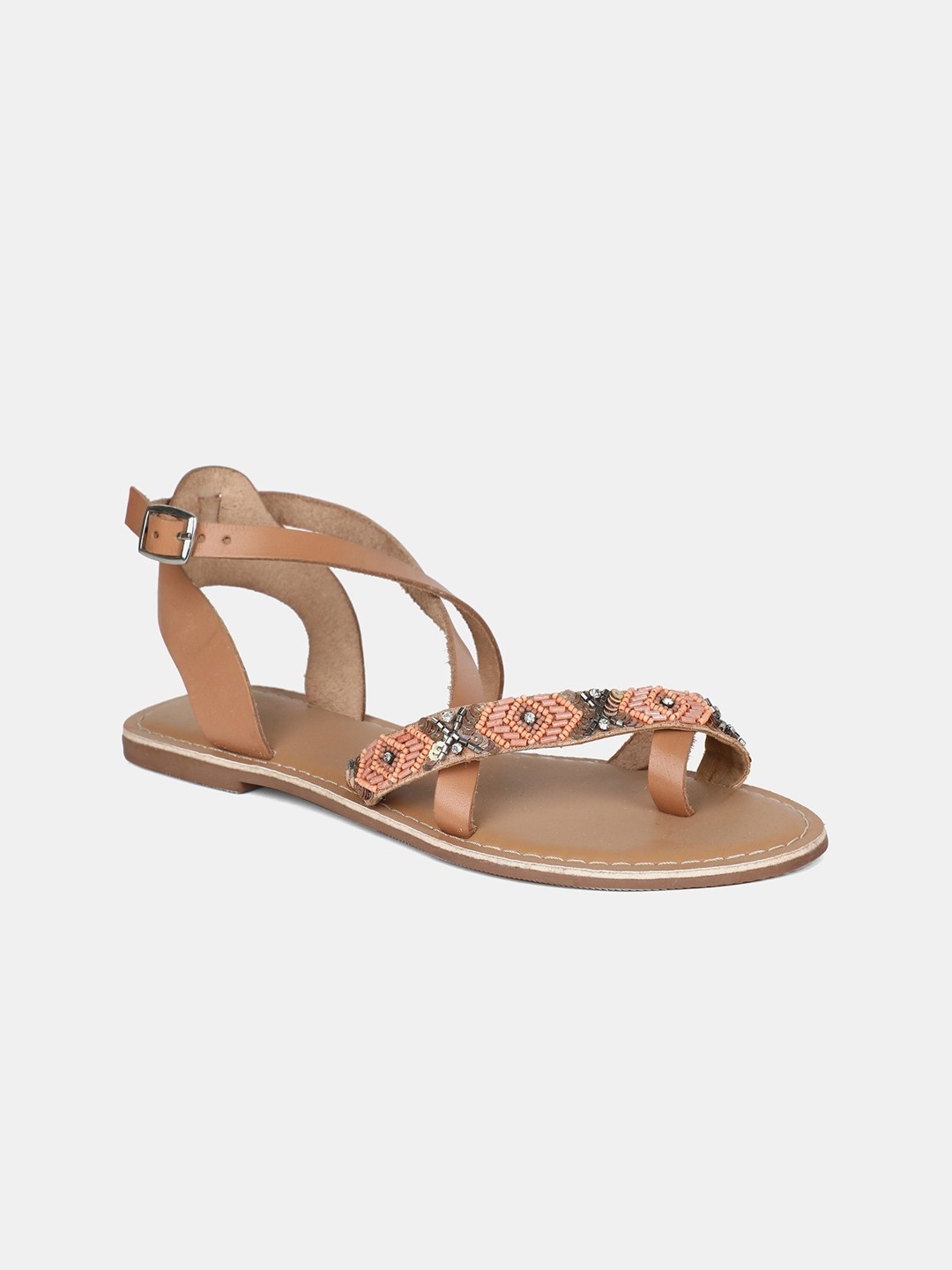 

W Women Peach-Coloured Embellished PU Open Toe Flats