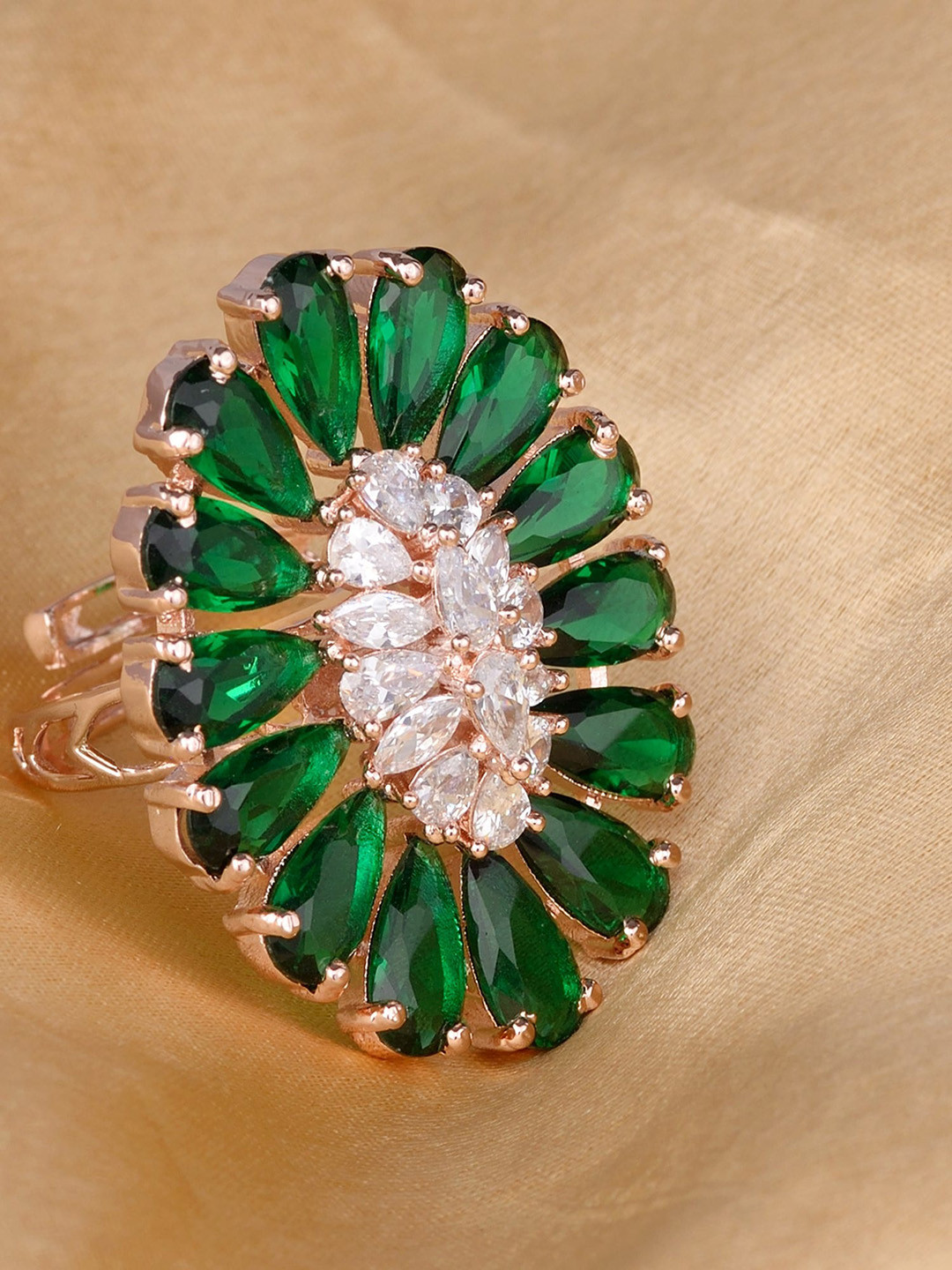 

Saraf RS Jewellery Rose Gold-Plated Green & White AD-Studded Handcrafted Adjustable Finger Ring