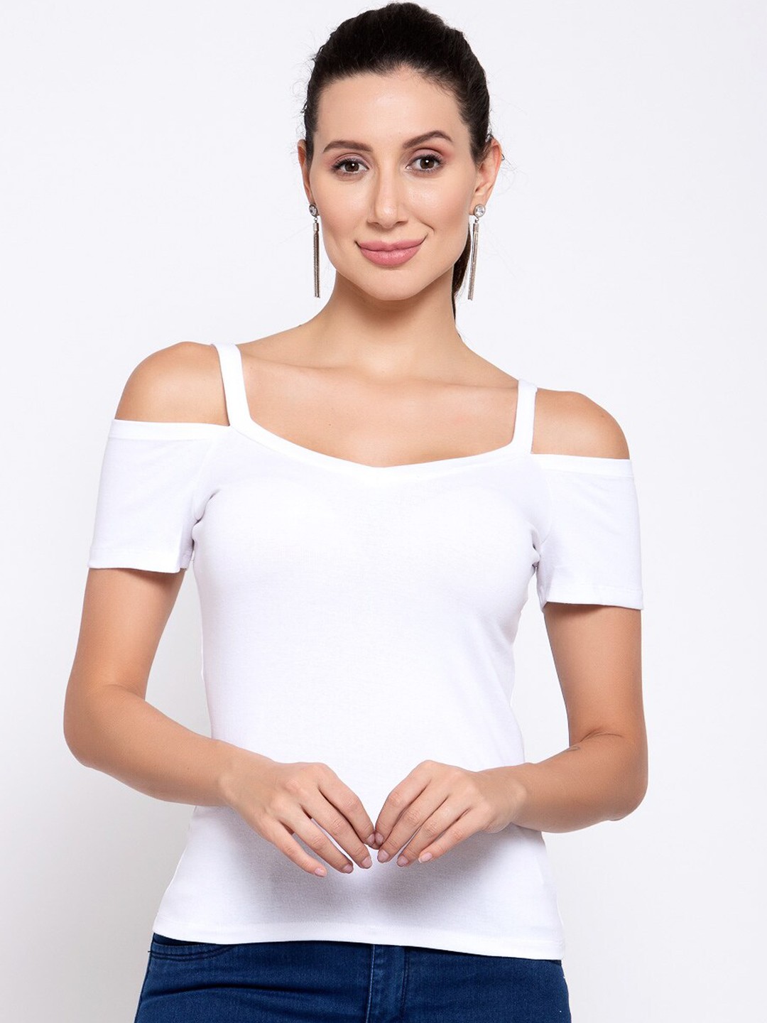 

iki chic White Solid Cold-Shoulder Sleeves Regular Top
