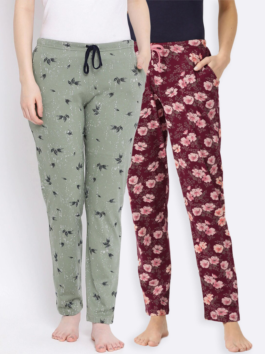 

Kanvin Women Pack of 2 Printed Pure Cotton Lounge Pants, Maroon