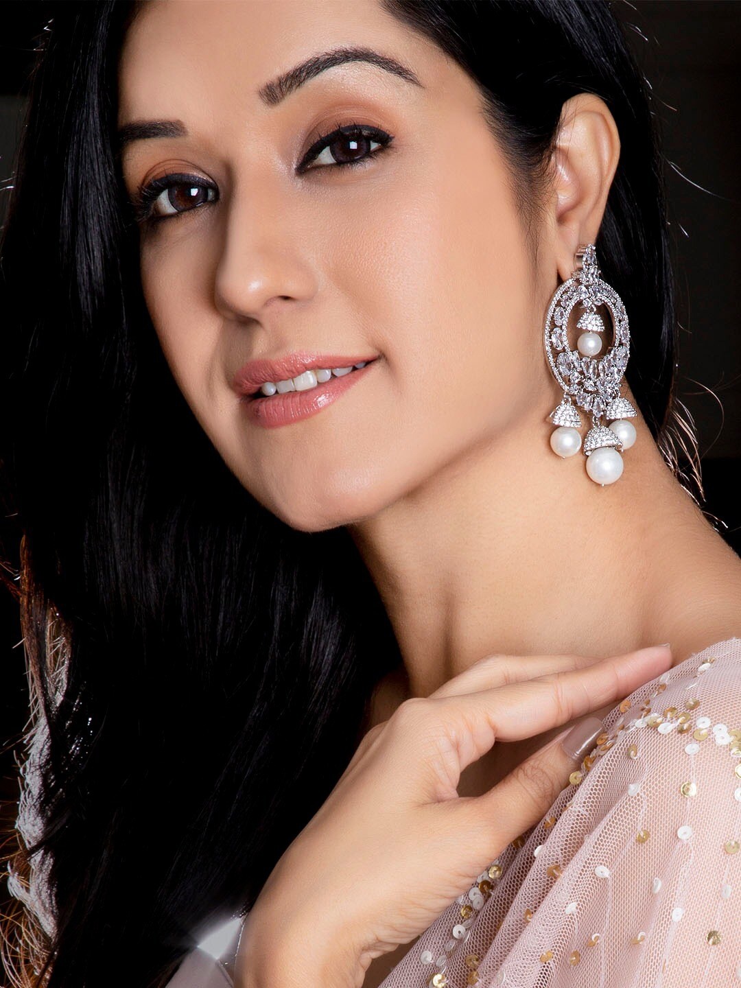 

Rubans Silver-Plated & White Handcrafted Zicron Studded Circular Drop Earrings
