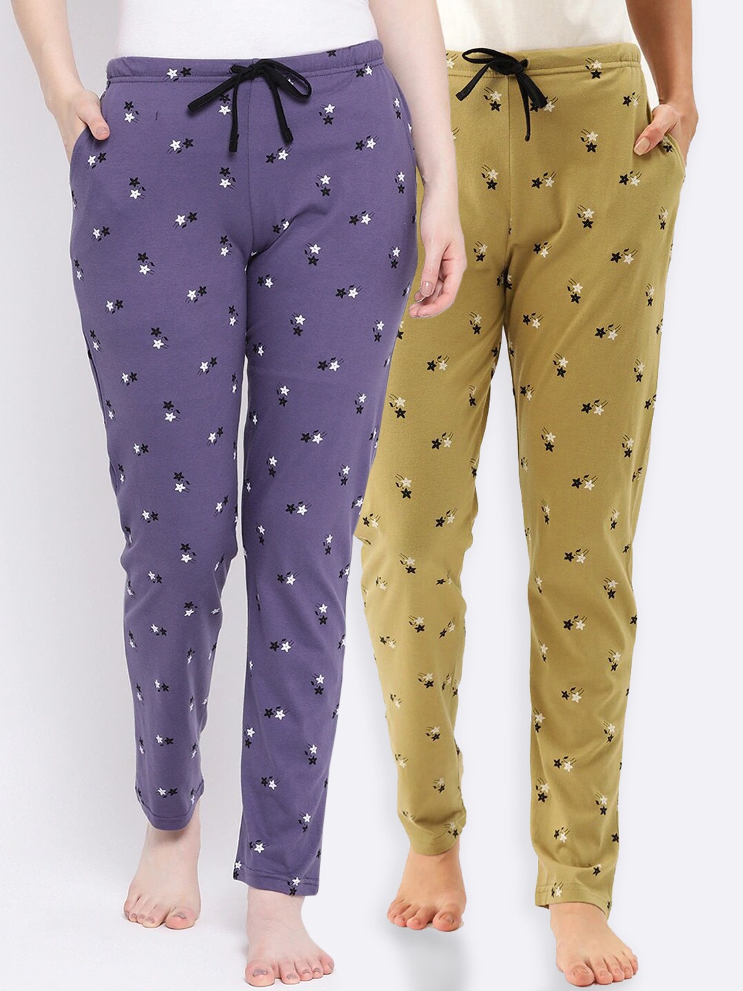 

Kanvin Women Pack of 2 Star Print Pure Cotton Lounge Pants, Mustard