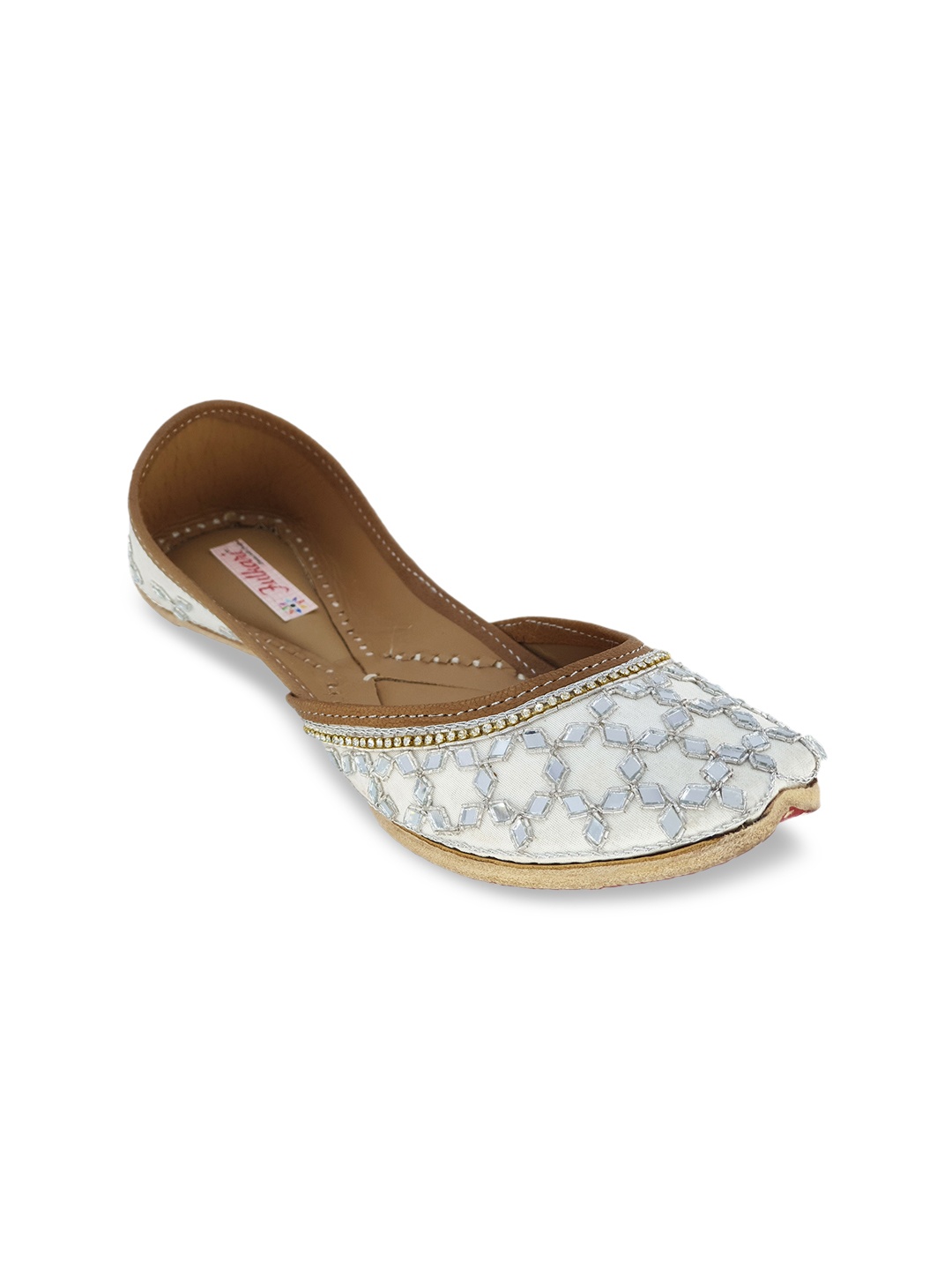 Fulkari Women Silver-Toned Embellished Leather Mojaris