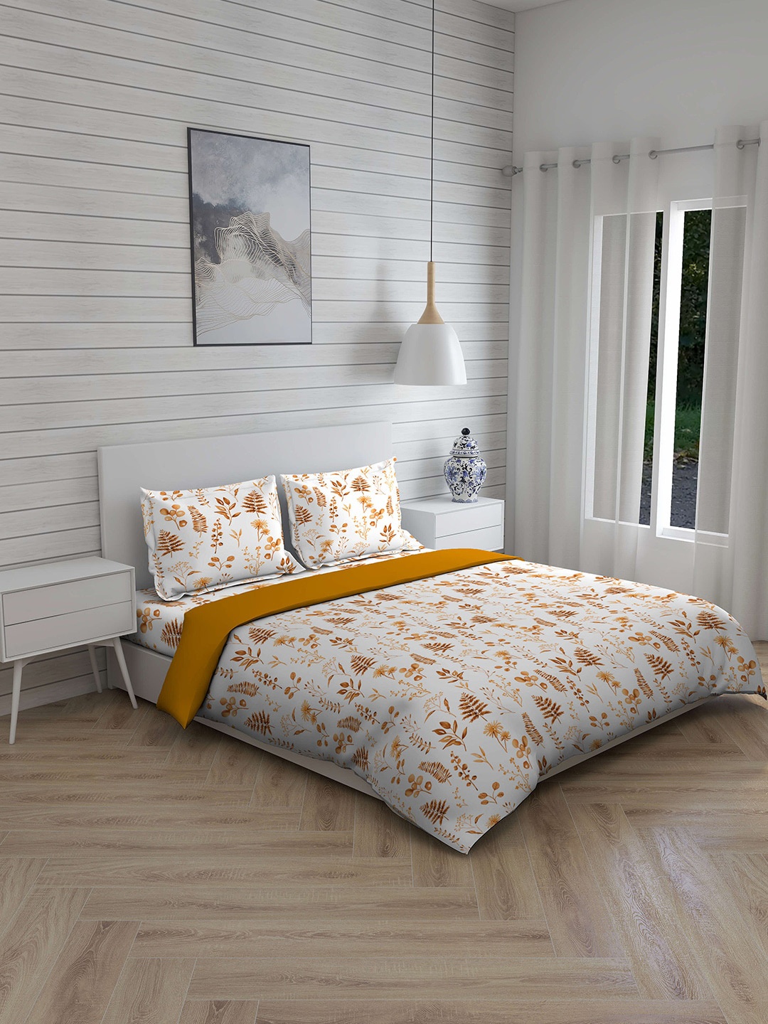 

Boutique Living India White & Brown Printed Pure Cotton 200 TC Double King Bedding Set