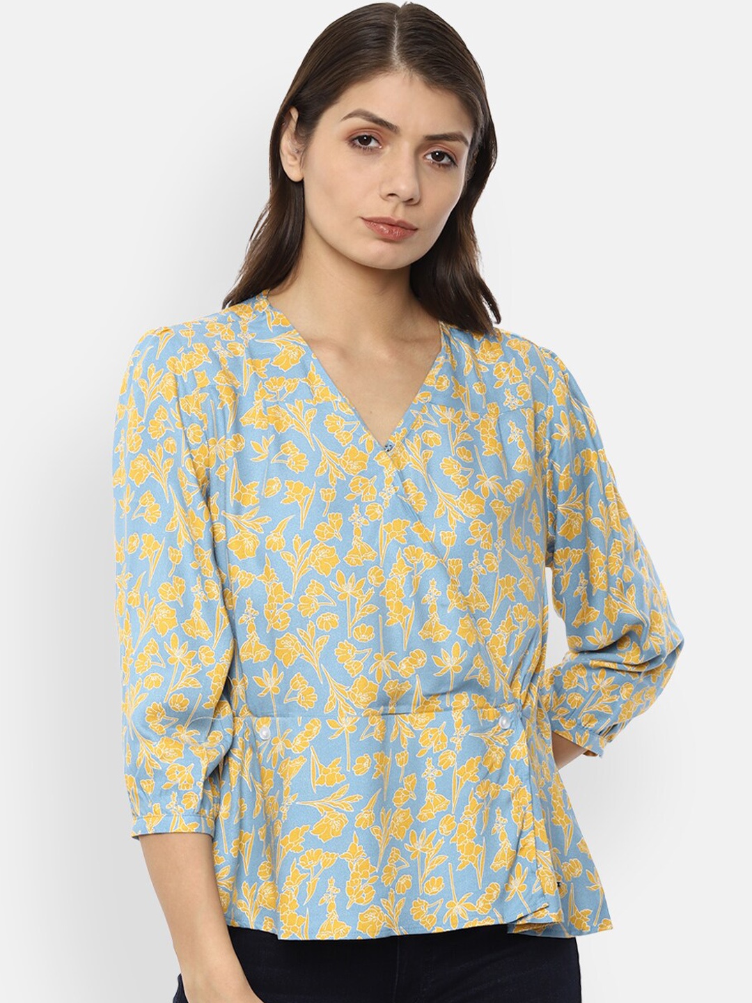 

Van Heusen Woman Blue & Yellow Floral Printed A-Line Top