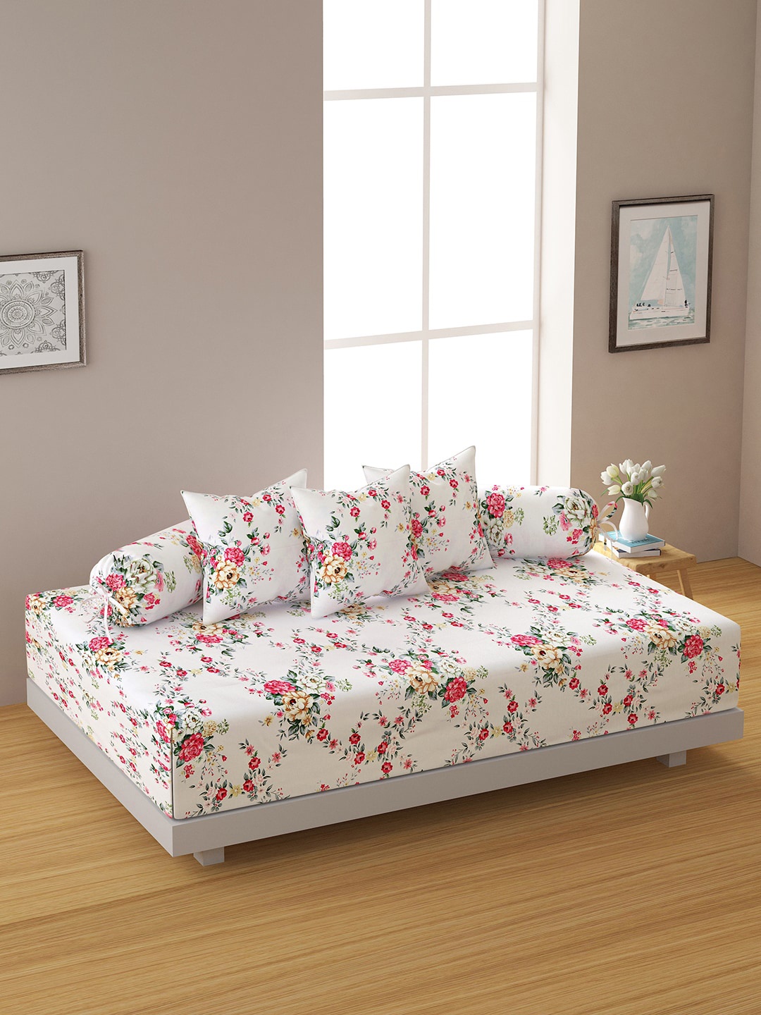 

Swayam Zinnia Set of 6 Pink Floral Design 250TC Cotton Diwan Set, White