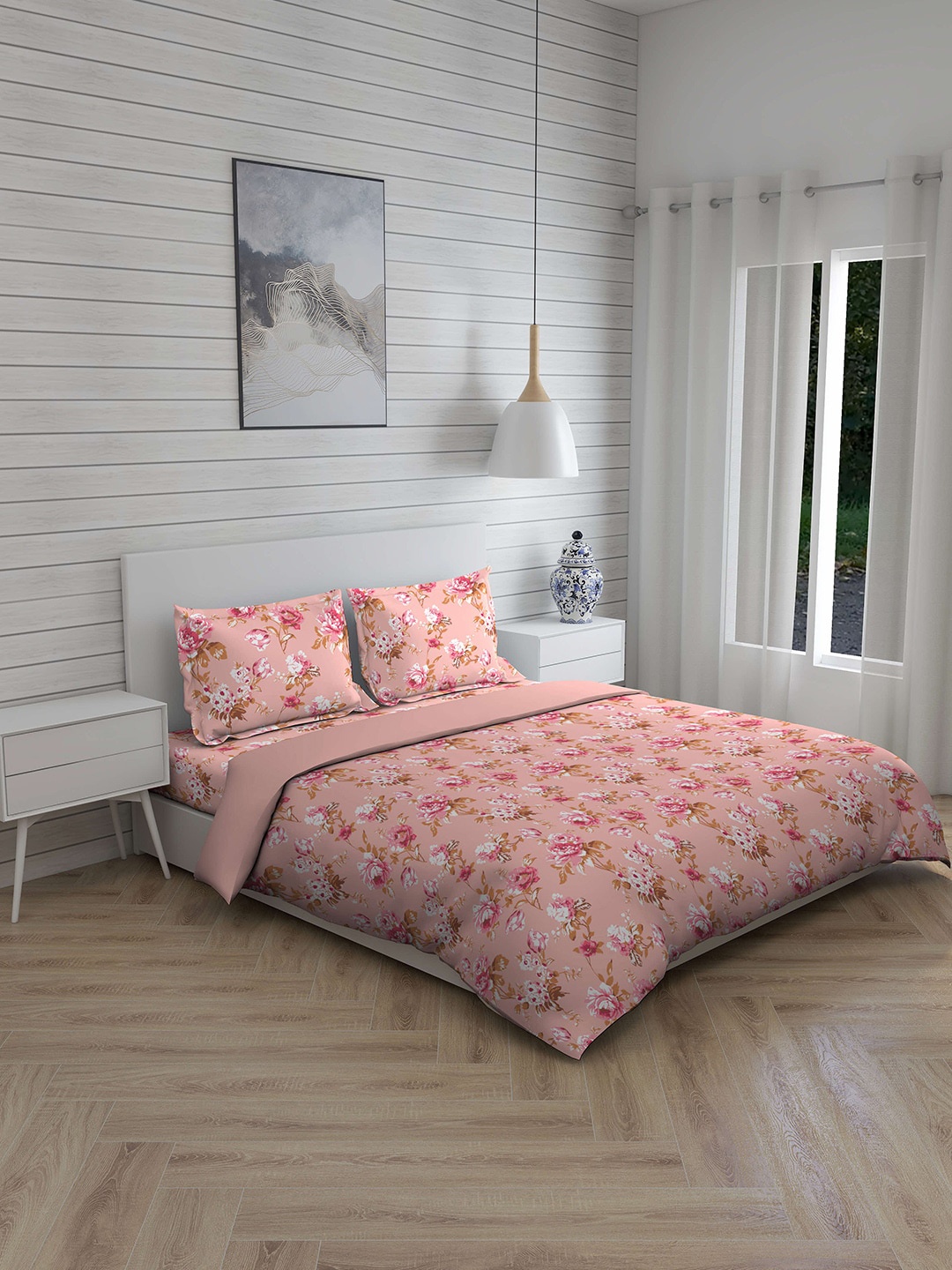 

Boutique Living India Peach & Pink Printed Cotton 220 TC Double King Bedding Set