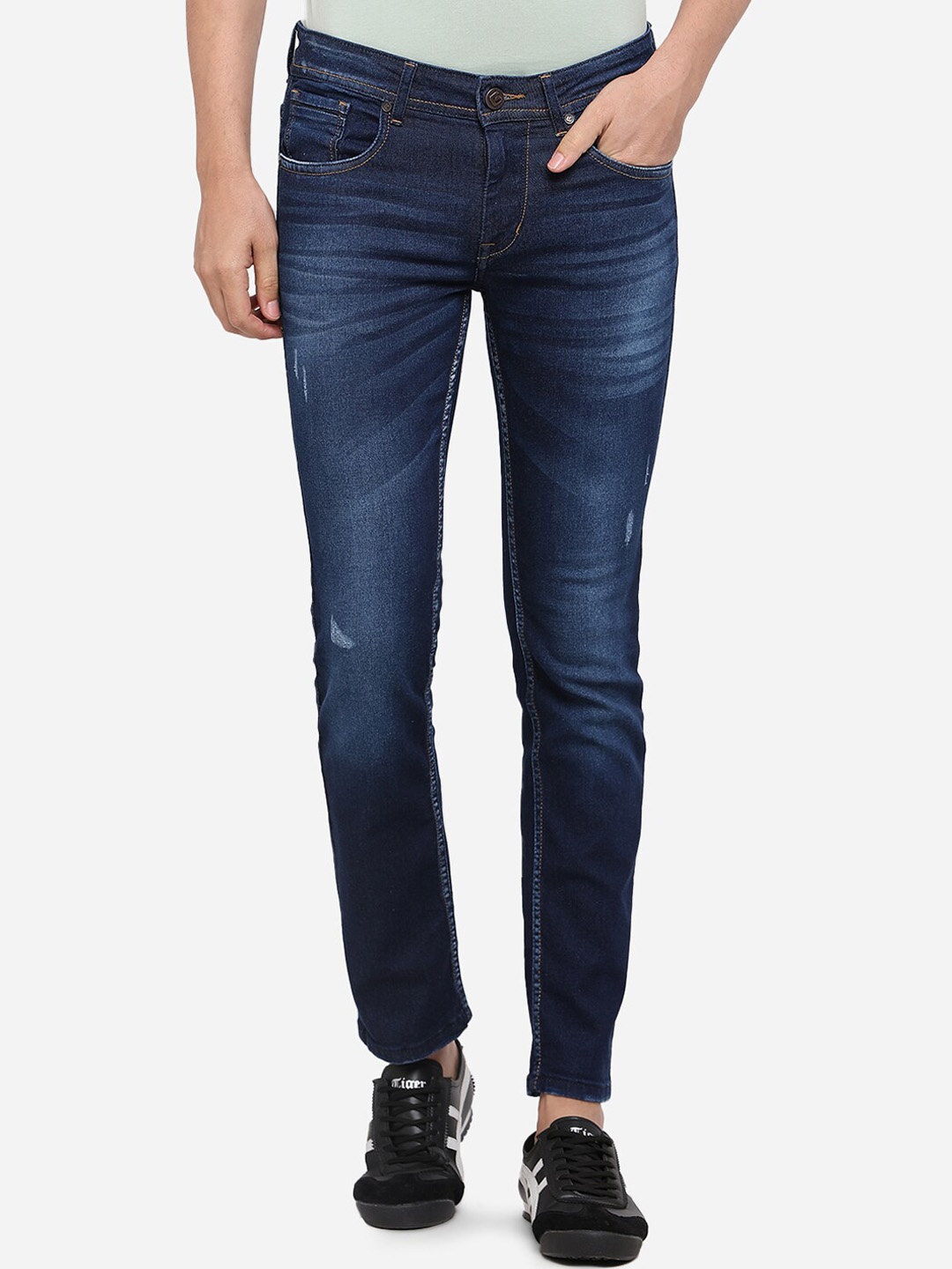 

JADE BLUE Men Navy Blue Washed Slim Fit Mid-Rise Low Distress Stretchable Jeans