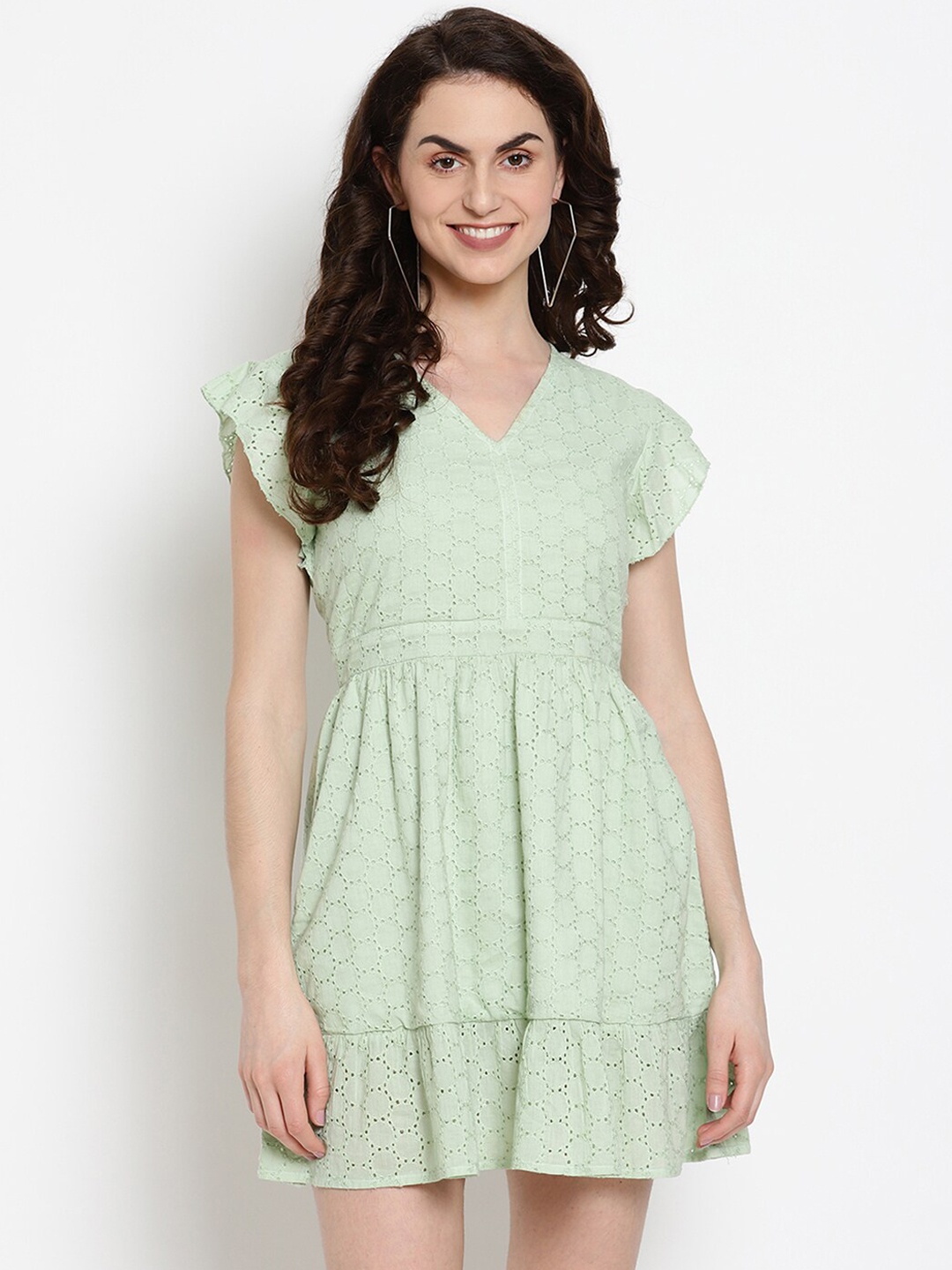 

VANCA ECO Women Green Self Design Sustainable Fit and Flare Schiffli Dress