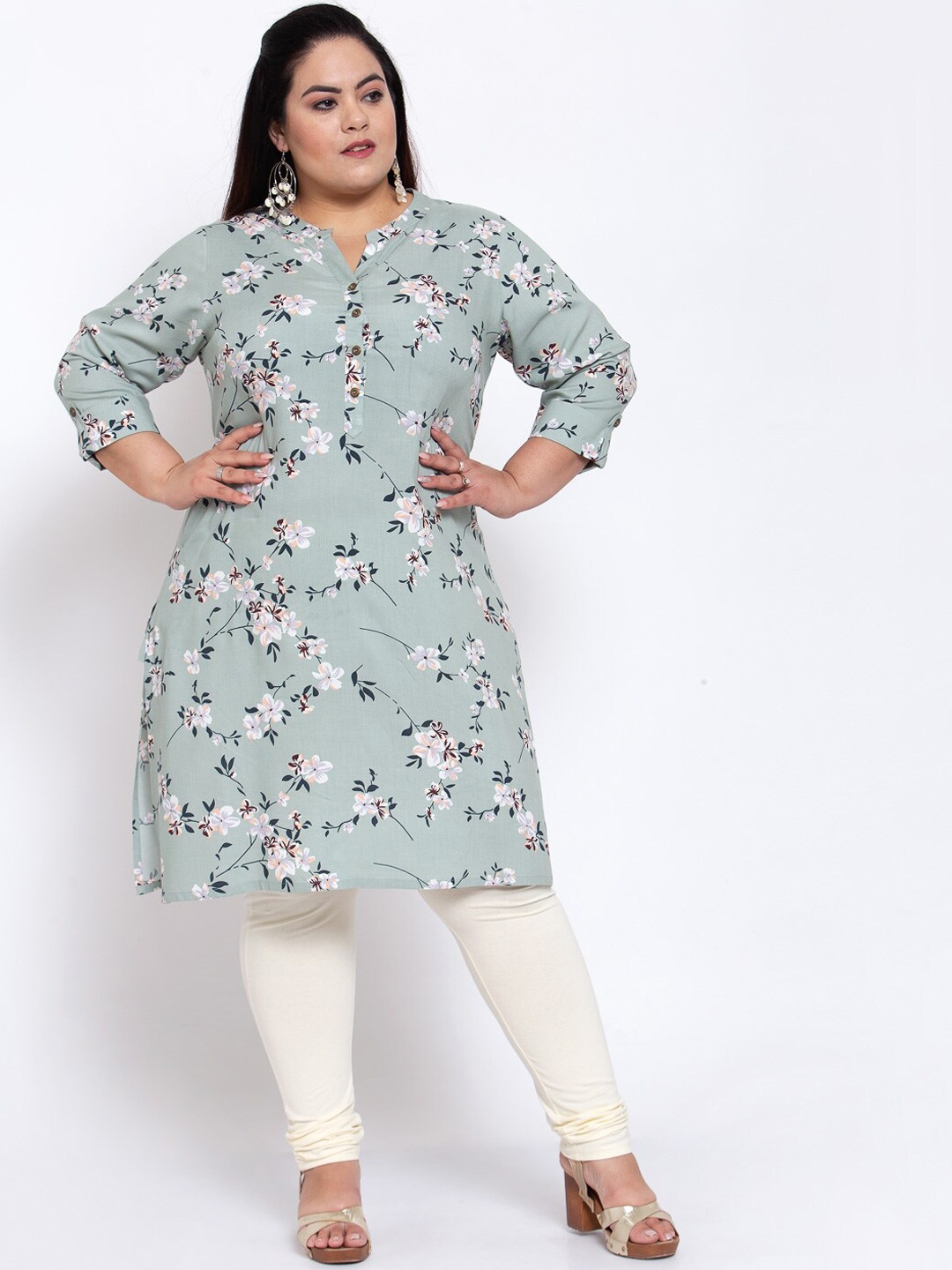 

plusS Women Sea Green Floral Printed Kurta