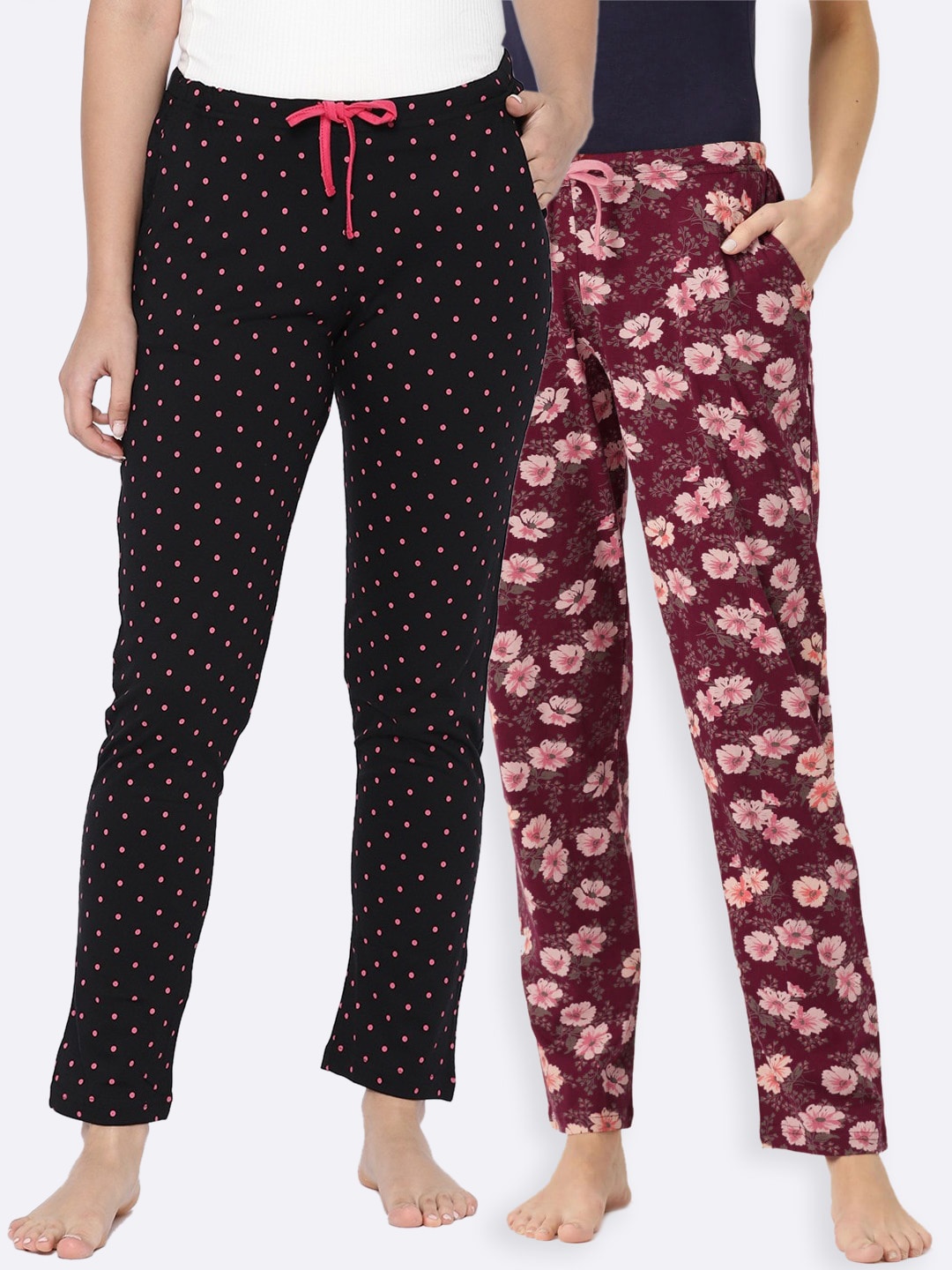 

Kanvin Women Pack of 2 Printed Pure Cotton Lounge Pants, Maroon