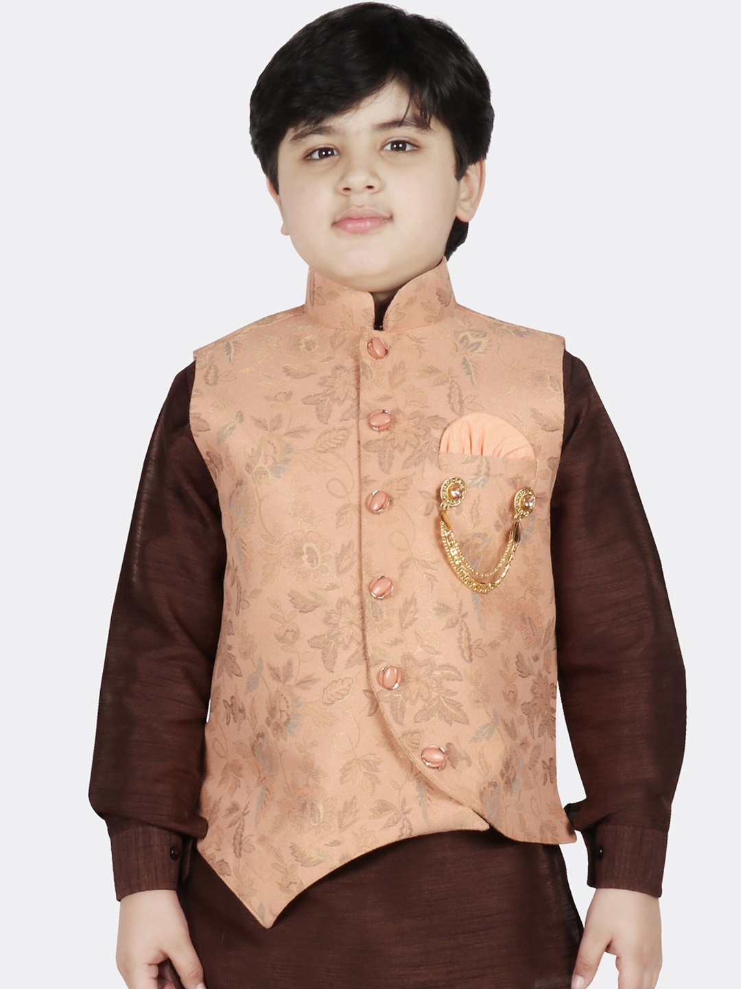 

SG YUVRAJ Boys Peach-Coloured & Grey Ethnic Motifs Brocade Woven Design Nehru Jacket
