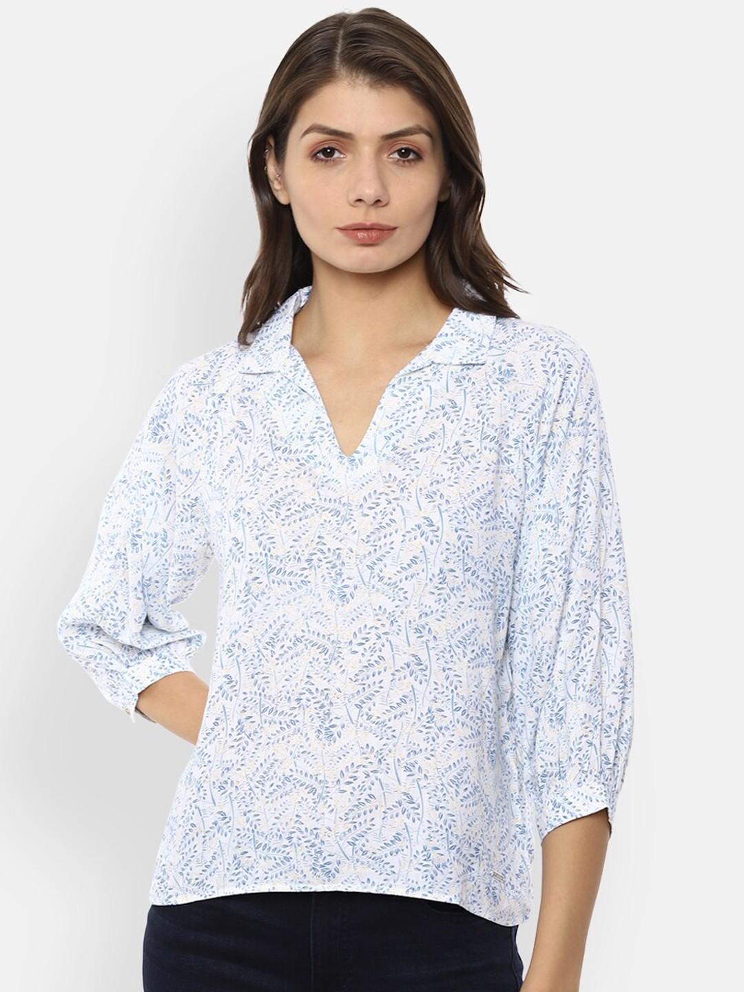 

Van Heusen Woman Blue & White Floral Printed Regular Top