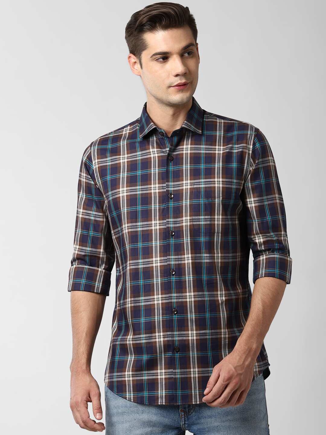 

Peter England Elite Men Blue & Coffee Brown Slim Fit Checked Casual Cotton Shirt
