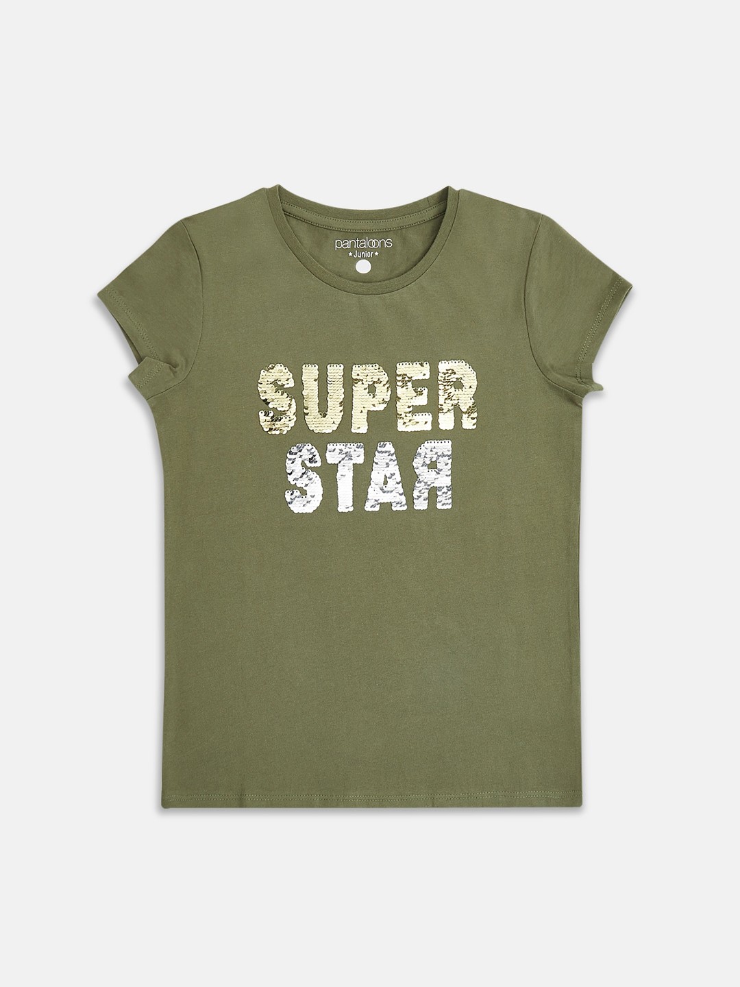 

Pantaloons Junior Girls Olive Green Pure Cotton Printed Round Neck Pure Cotton T-shirt