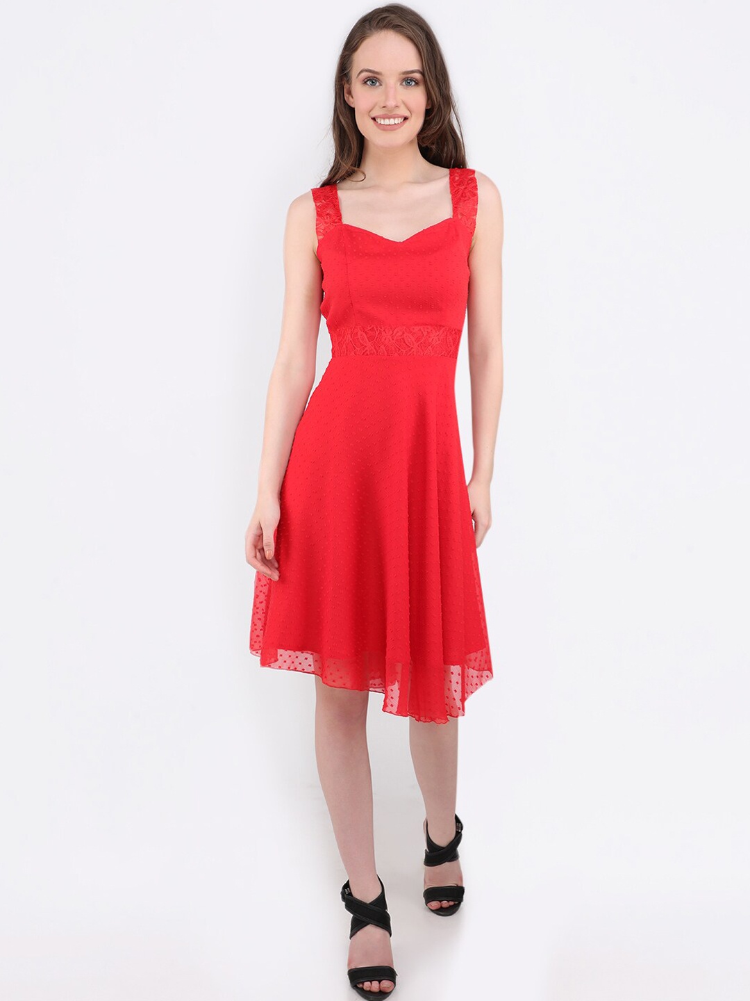 

MARC LOUIS Women Red Self Design Fit and Flare Dress