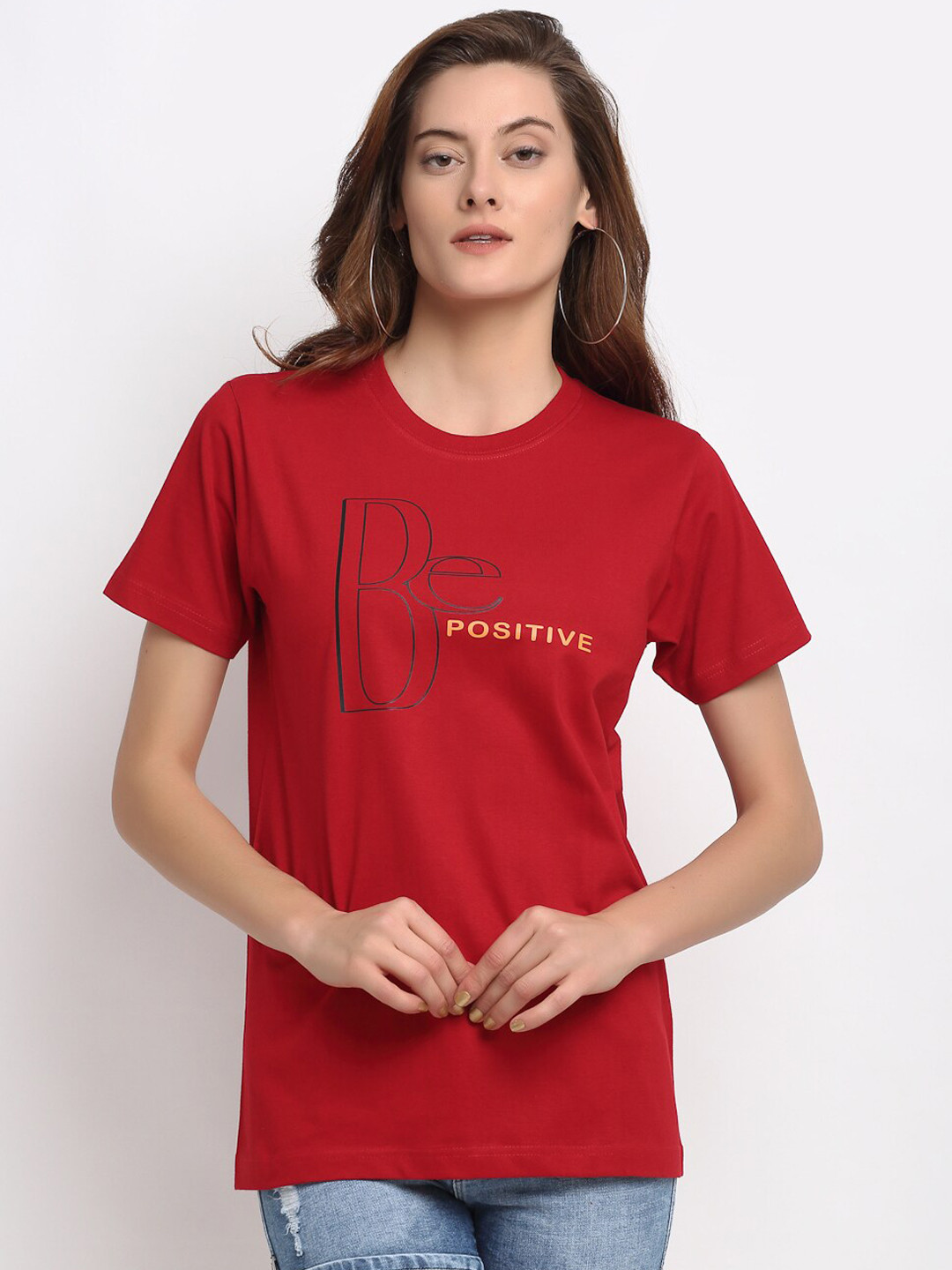 

YOLOCLAN Women Red Printed Round Neck T-shirt