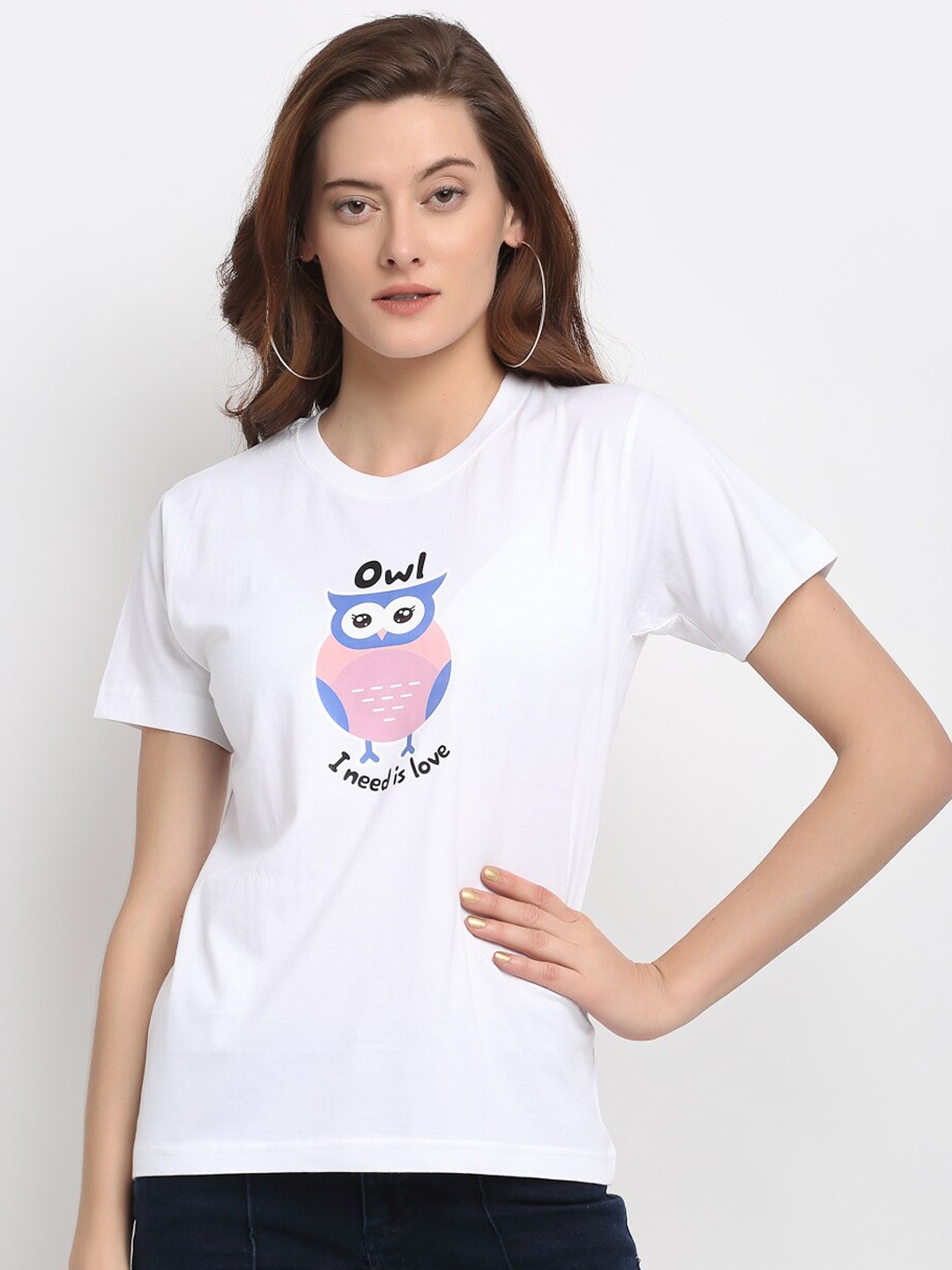 

YOLOCLAN Women White Printed Round Neck T-shirt