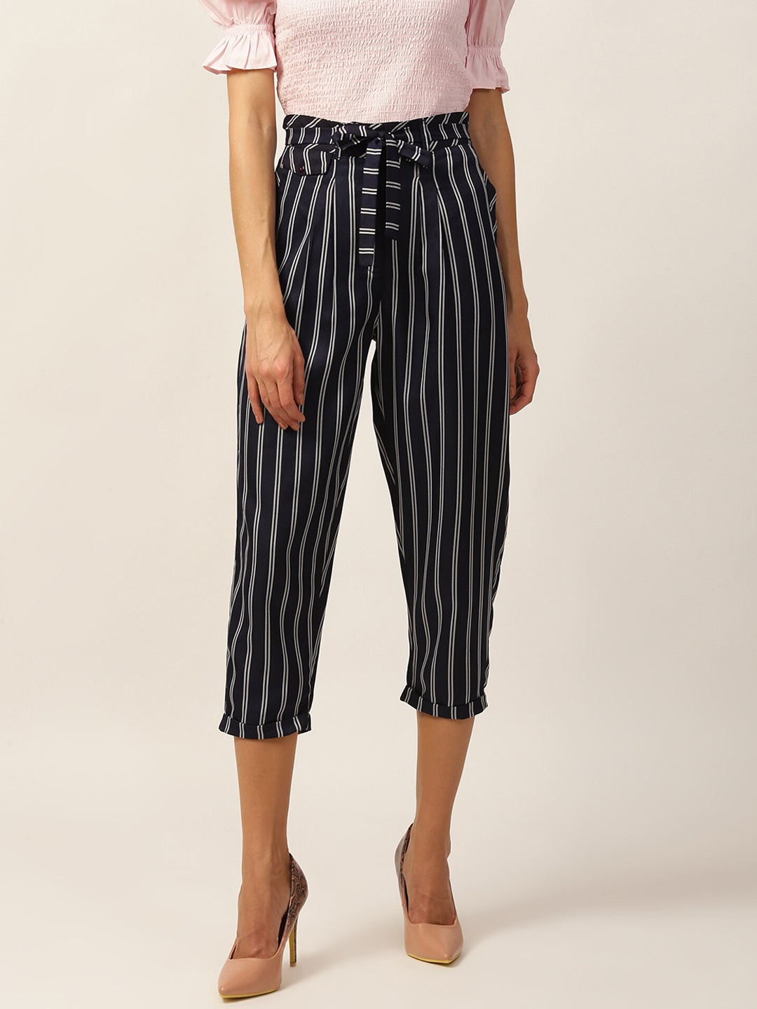 

ELLE Women Navy Blue Regular Fit Striped Regular Trousers