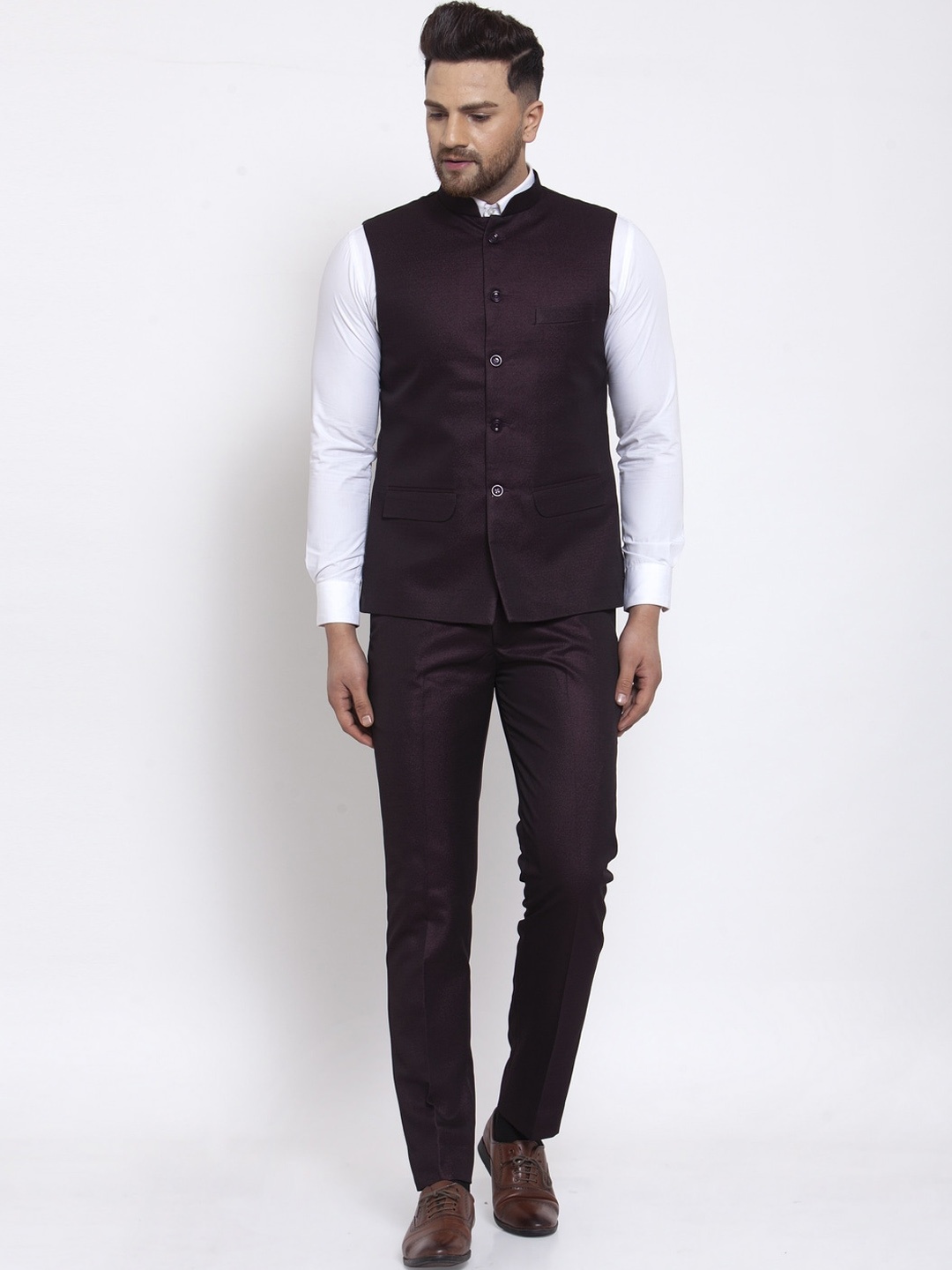 

Wintage Men Burgundy Solid Vest & Pant Set