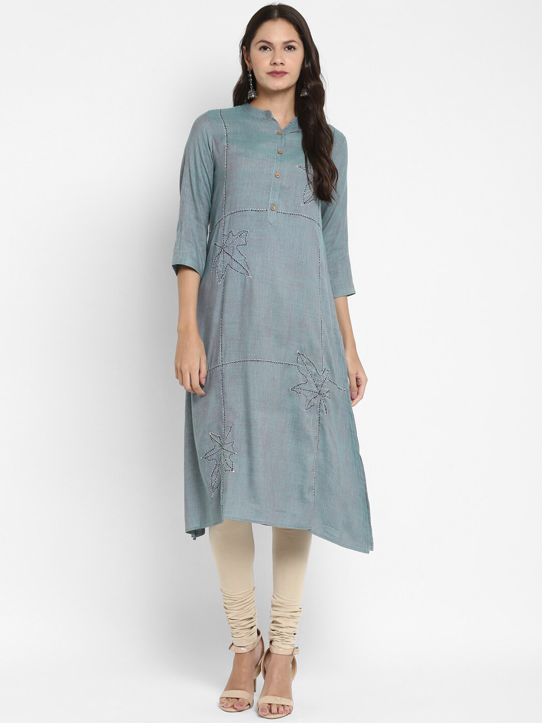 

Vbuyz Women Turquoise Blue Hand Work Straight Kurta