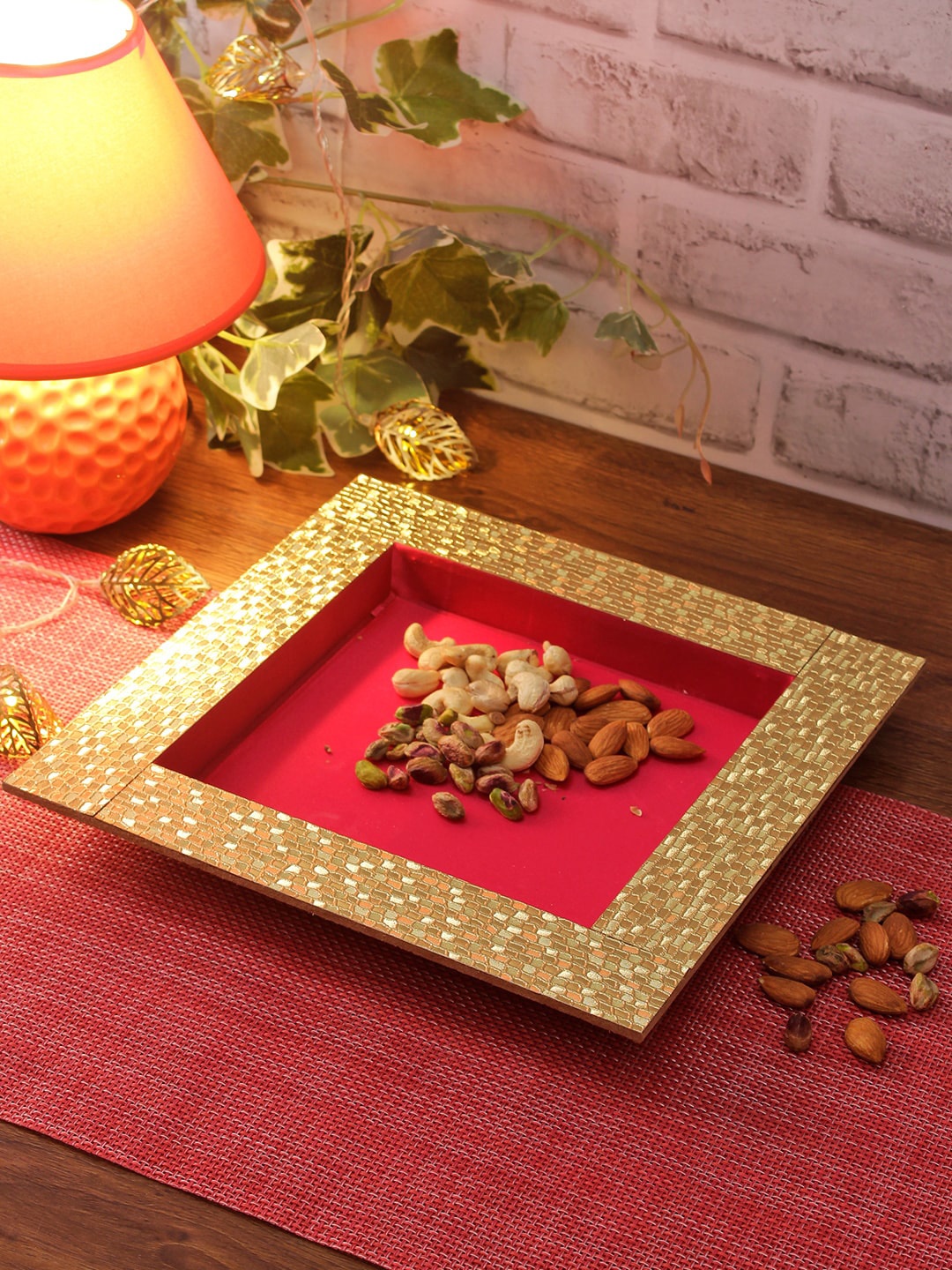 

Aapno Rajasthan Red & Gold-Toned Wooden Tray