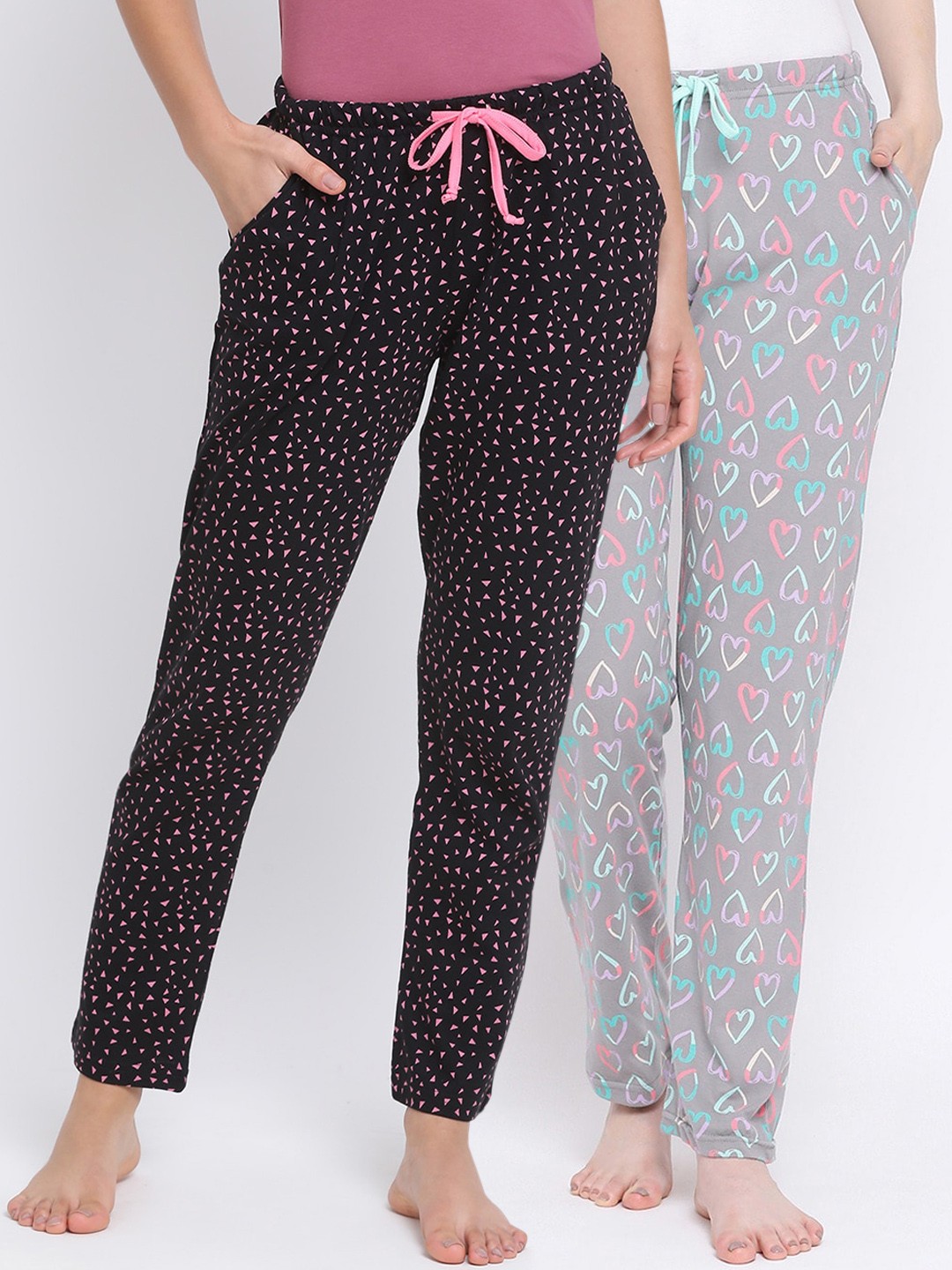 

Kanvin Women Pack of 2 Printed Pure Cotton Lounge Pants, Grey
