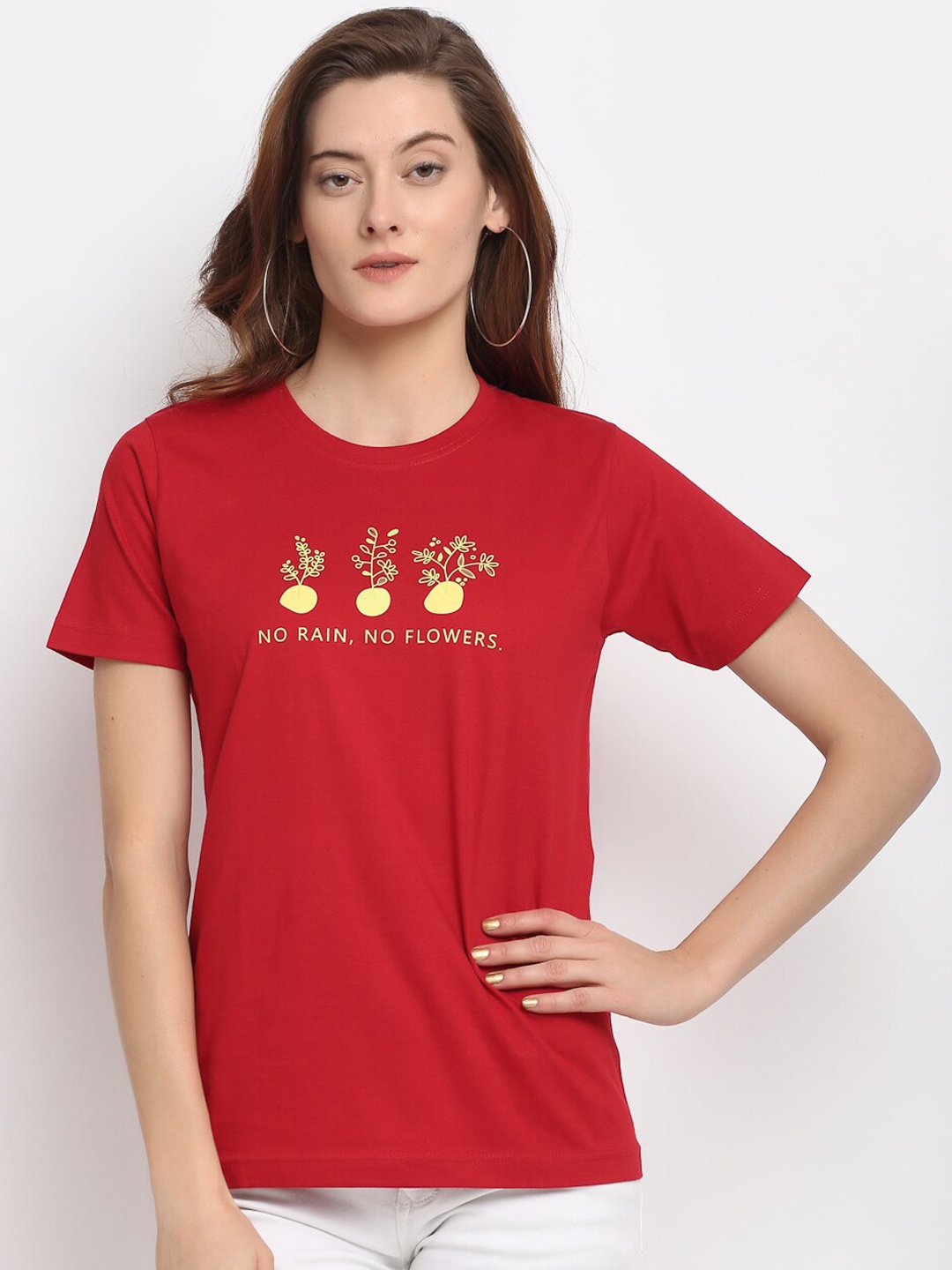 

YOLOCLAN Women Red Printed Round Neck T-shirt