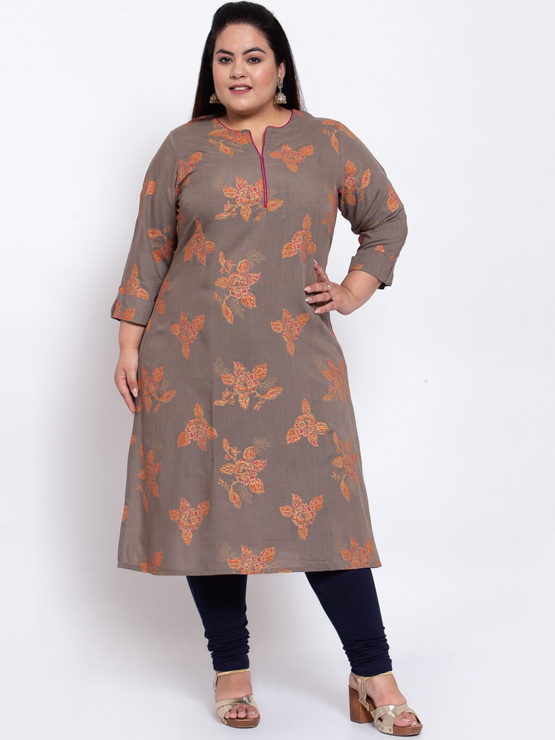 plusS Women Brown Floral Printed Kurta