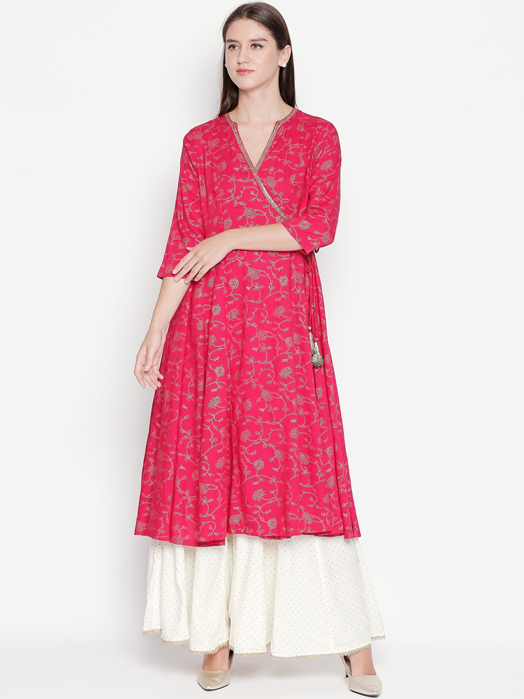 

RANGMANCH BY PANTALOONS Women Fuchsia Pink & Off-White Printed Kurta with Palazzos