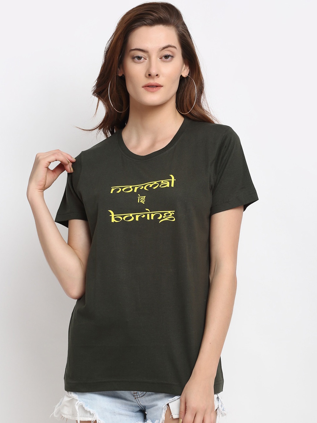 

YOLOCLAN Women Green Printed Round Neck T-shirt