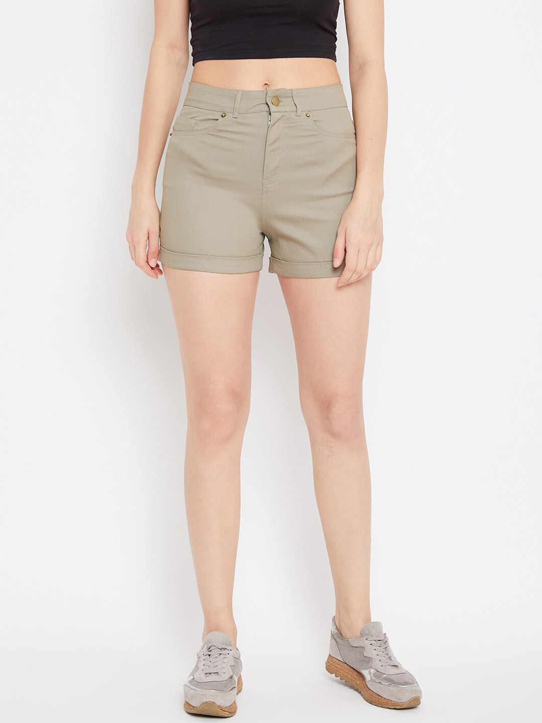 

Hypernation Women Beige Solid Slim Fit Regular Shorts
