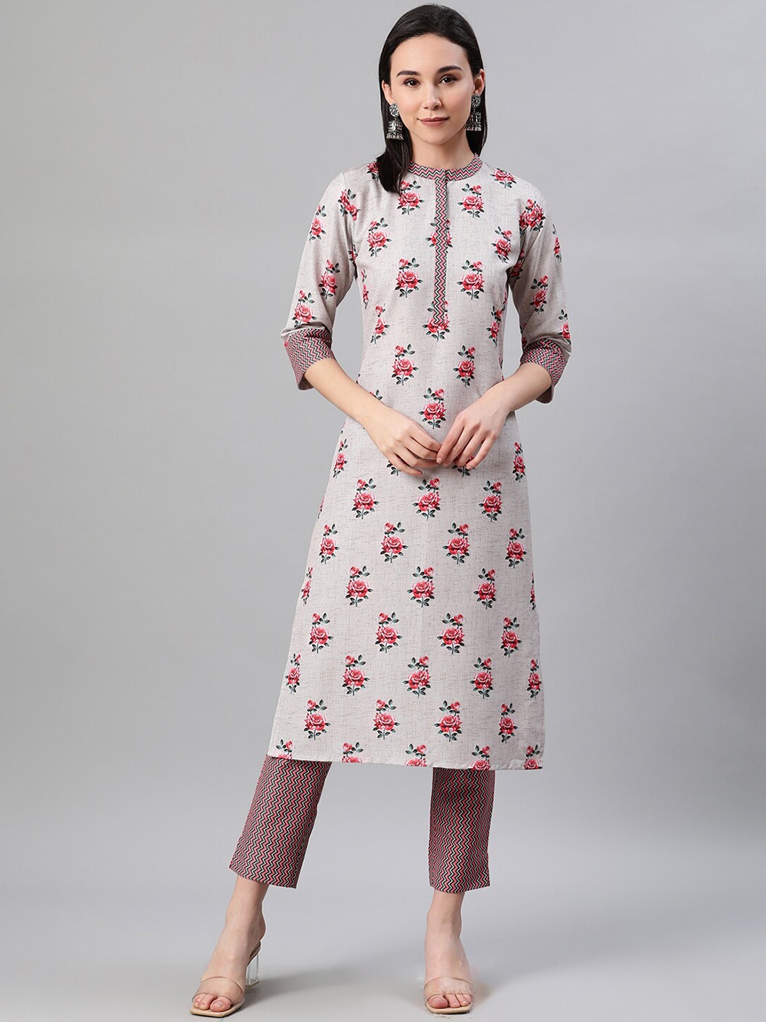 

ZIYAA Women Grey & Red Floral Screen Print Straight Kurta