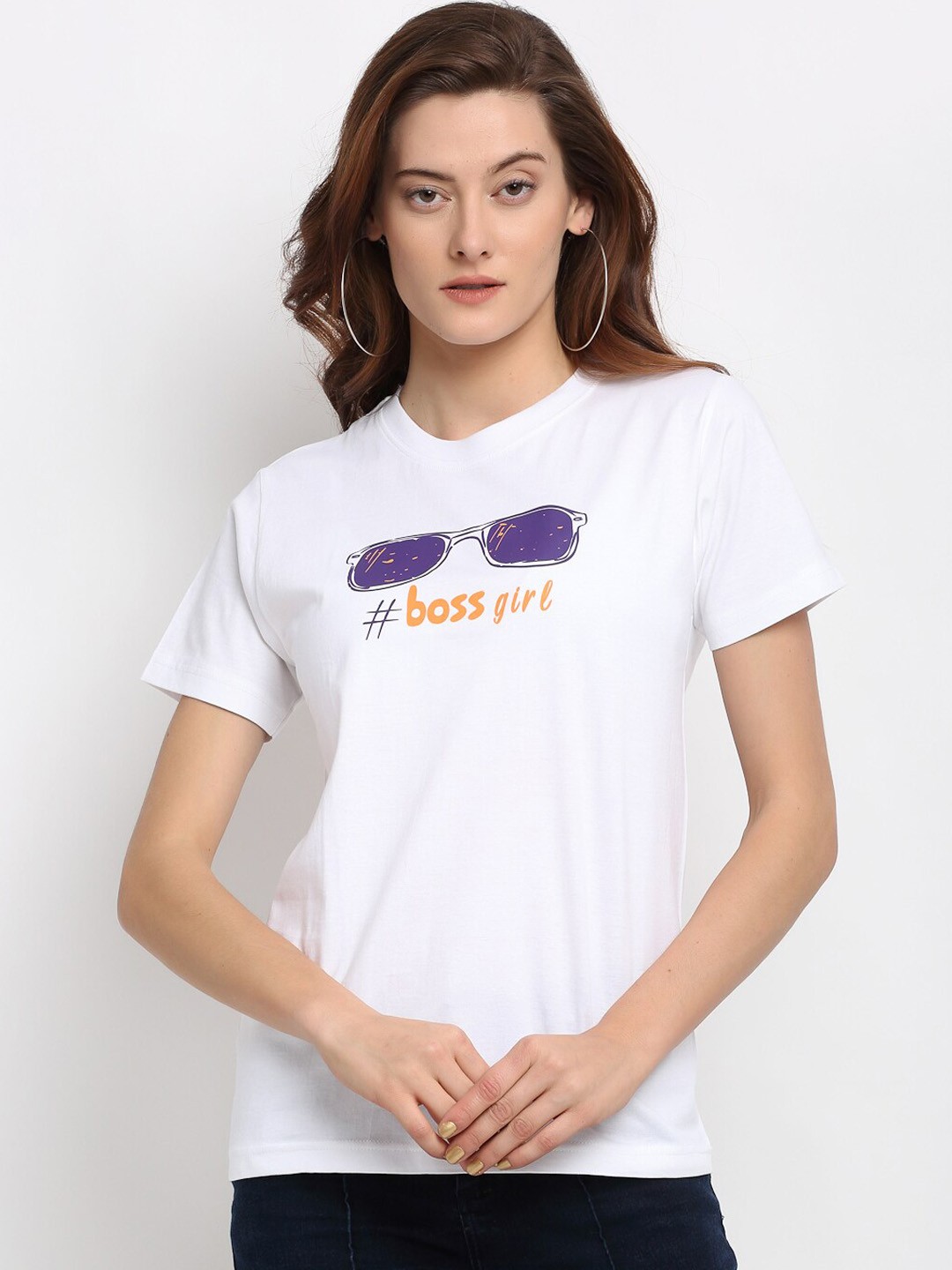 

YOLOCLAN Women White Printed Round Neck T-shirt