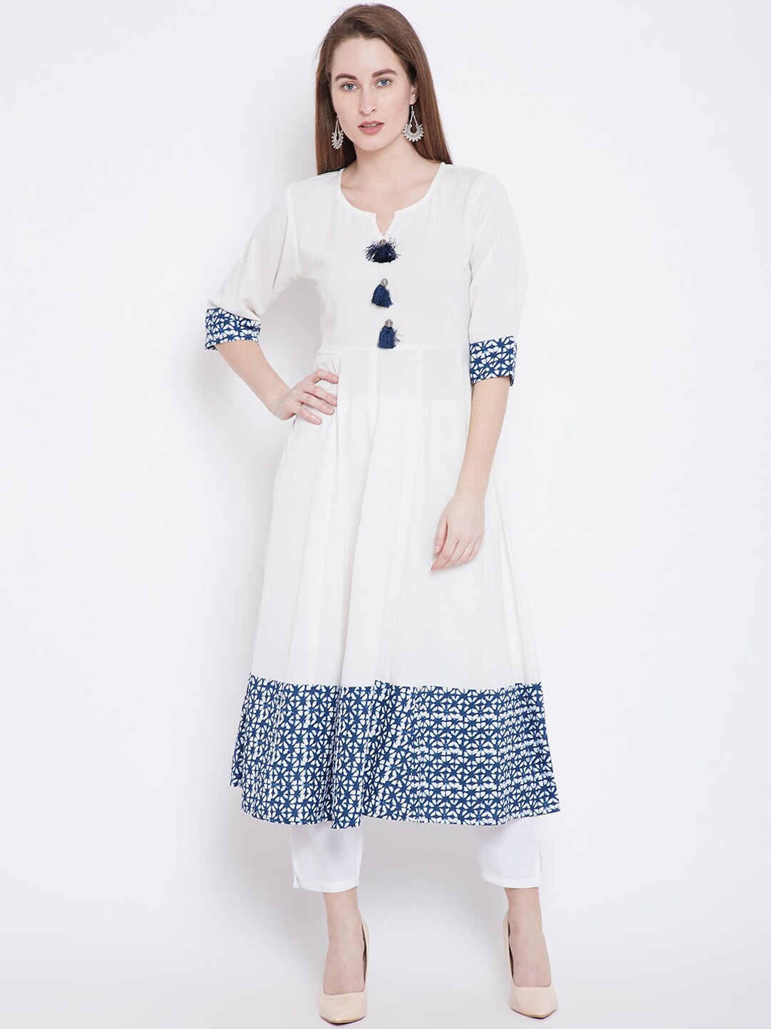 

One of a Kind Women White & Blue Ethnic Motifs Printed Anarkali Kurta
