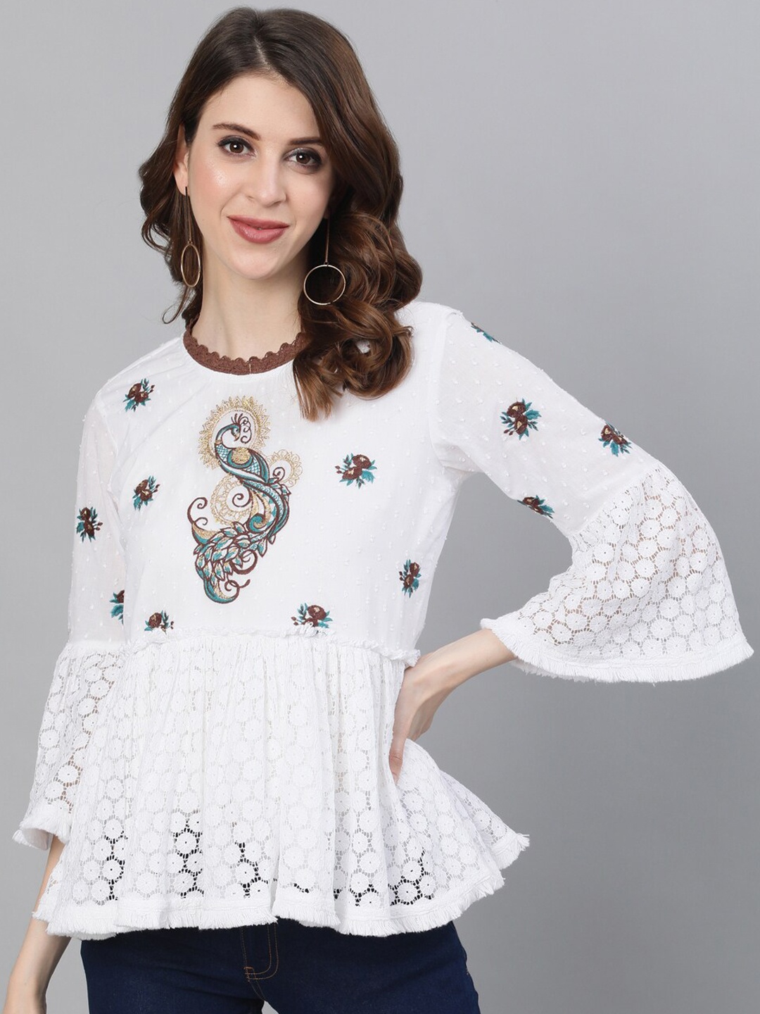 

Ishin White & Brown Floral Embroidered Bell Sleeves Pure Cotton A-Line Top