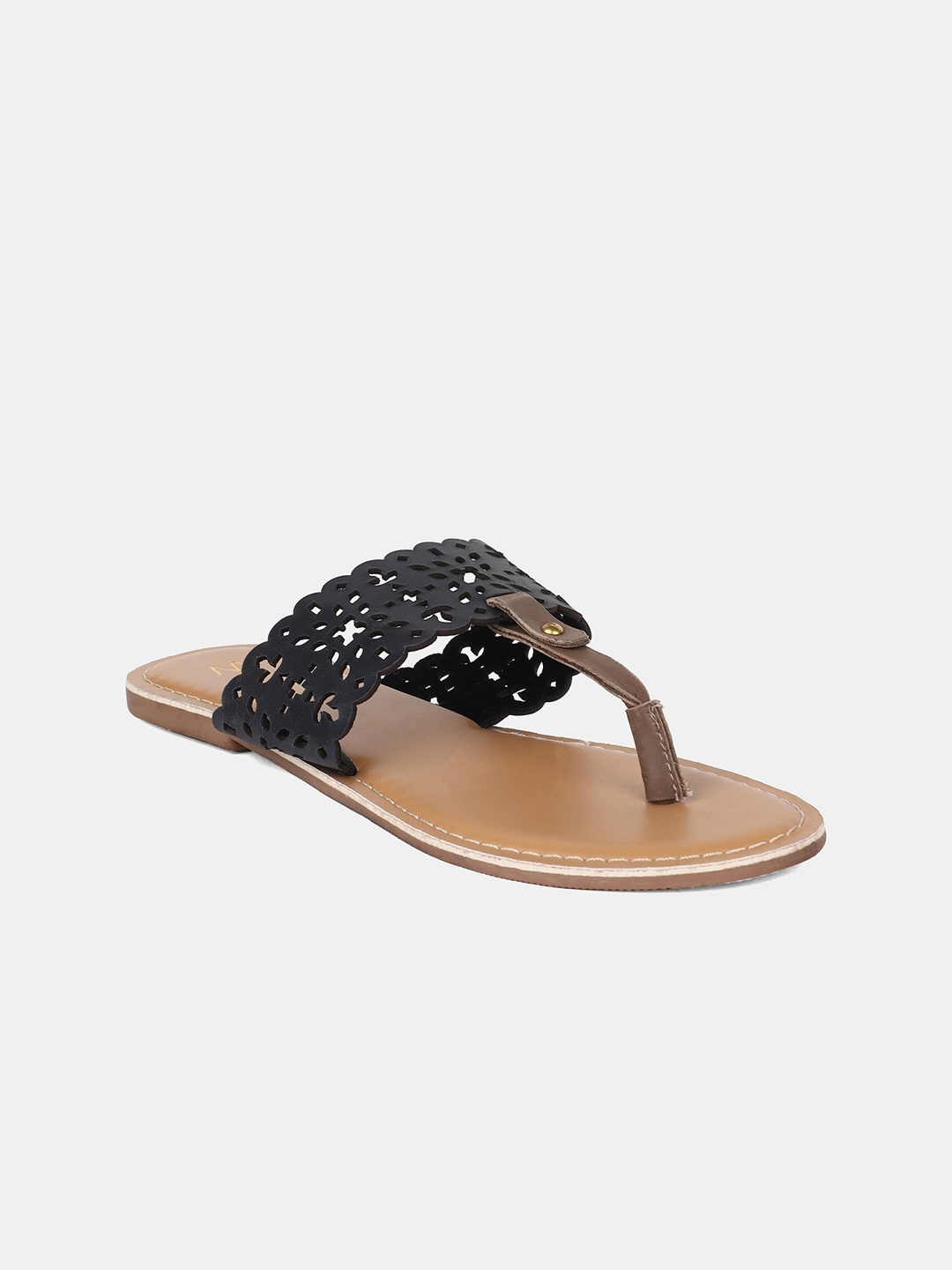 

W Women Black Laser Cut PU Open Toe Flats