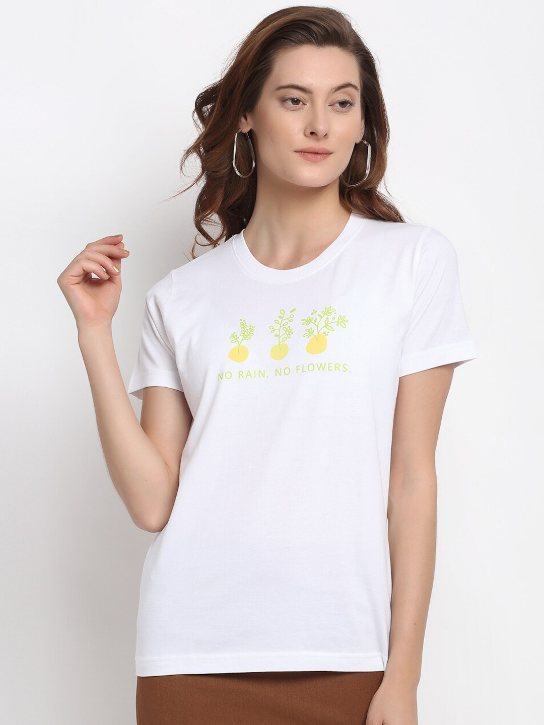 

YOLOCLAN Women White Printed Round Neck T-shirt